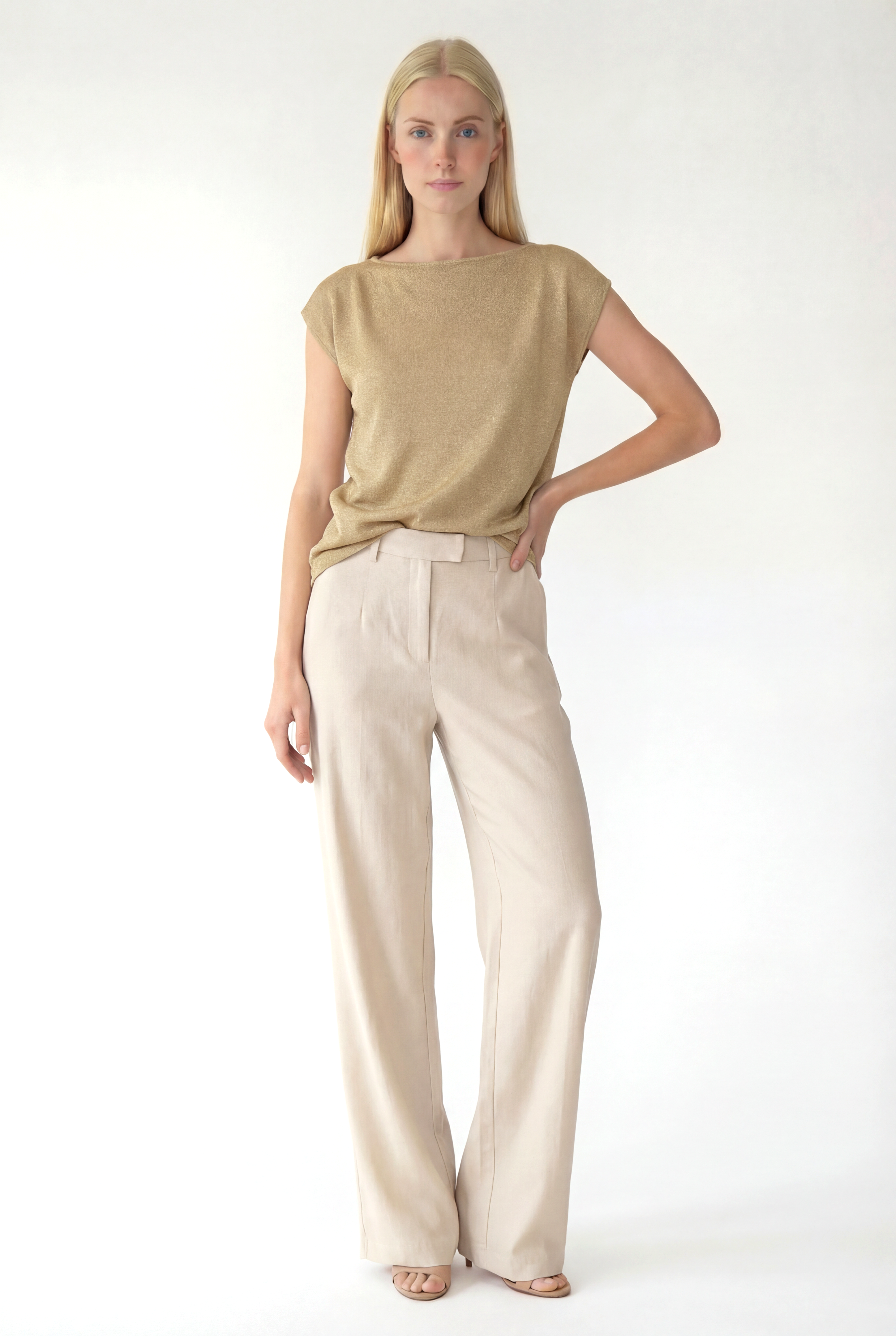 Bej Bisiklet Yaka Simli Kısa Kollu Kadın T-Shirt SKY GLITTER S/S TOP