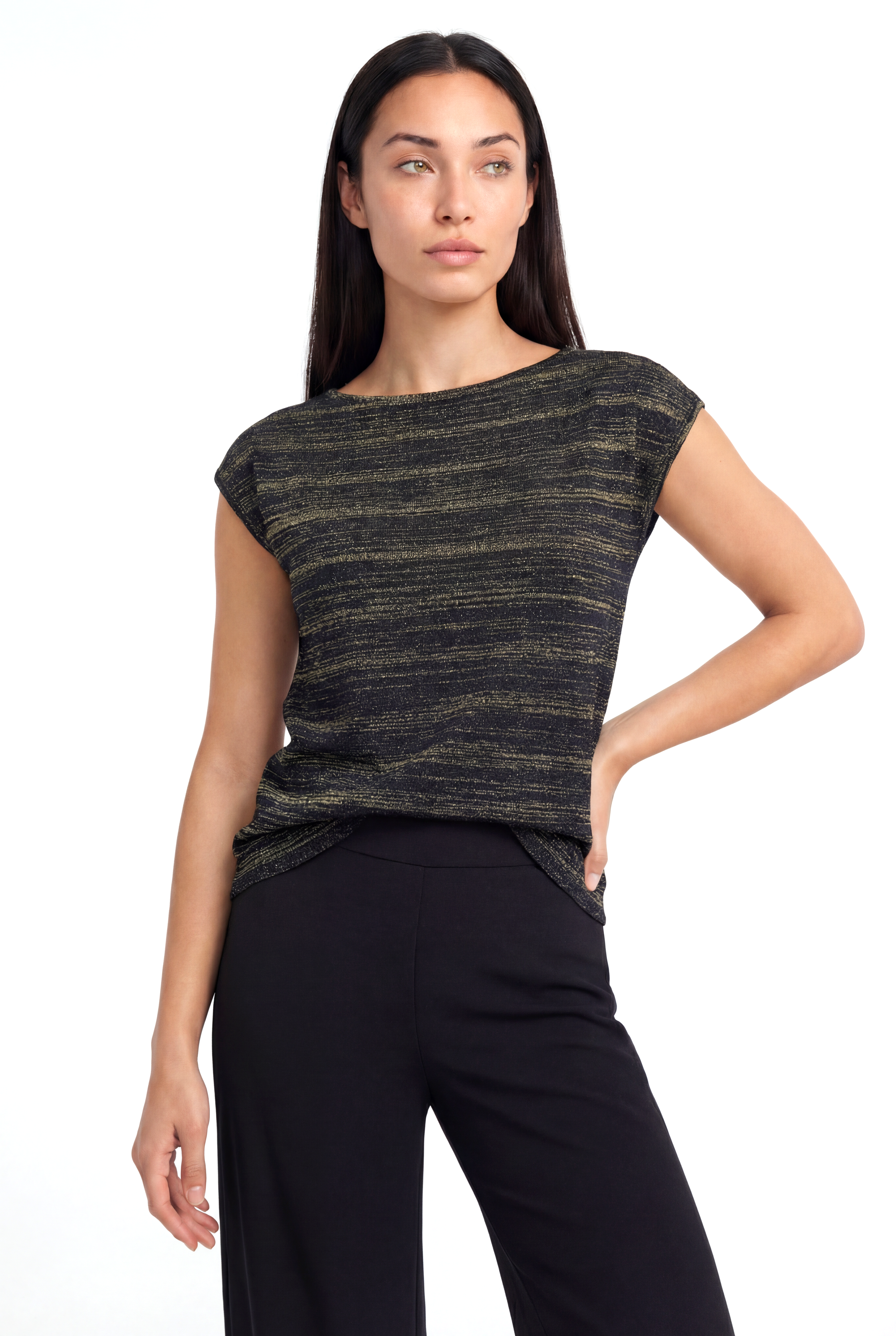 Siyah Altın Çizgili Bisiklet Yaka Simli Kısa Kollu Kadın T-Shirt SKY GLITTER S/S TOP - T-Shirt - Westmark London EU(TR) Store Organik Pamuklu Sürdürülebilir Moda