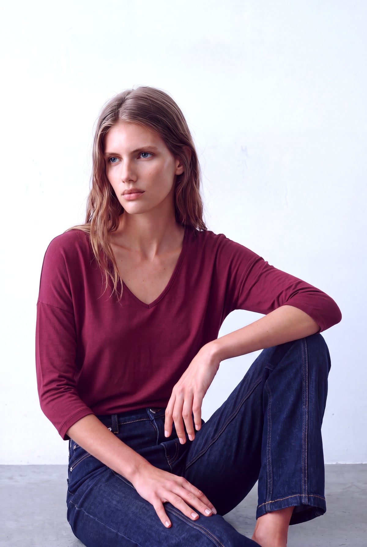 Bordo Kadın Bordo Modal Karışımlı V Yaka 3/4 Kol Düşük Omuzlu Bluz KARA - Top - Westmark London EU(TR) Store Organik Pamuklu Sürdürülebilir Moda