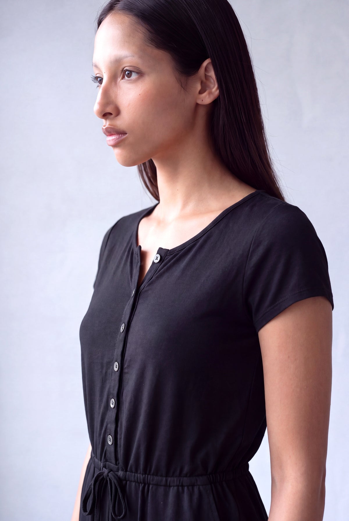 Siyah Kadın Siyah Pamuklu Bisiklet Yaka Kısa Kollu Beli Bağcıklı Düğmeli Tulum BRIGID - Jumpsuit - Westmark London EU(TR) Store Organik Pamuklu Sürdürülebilir Moda