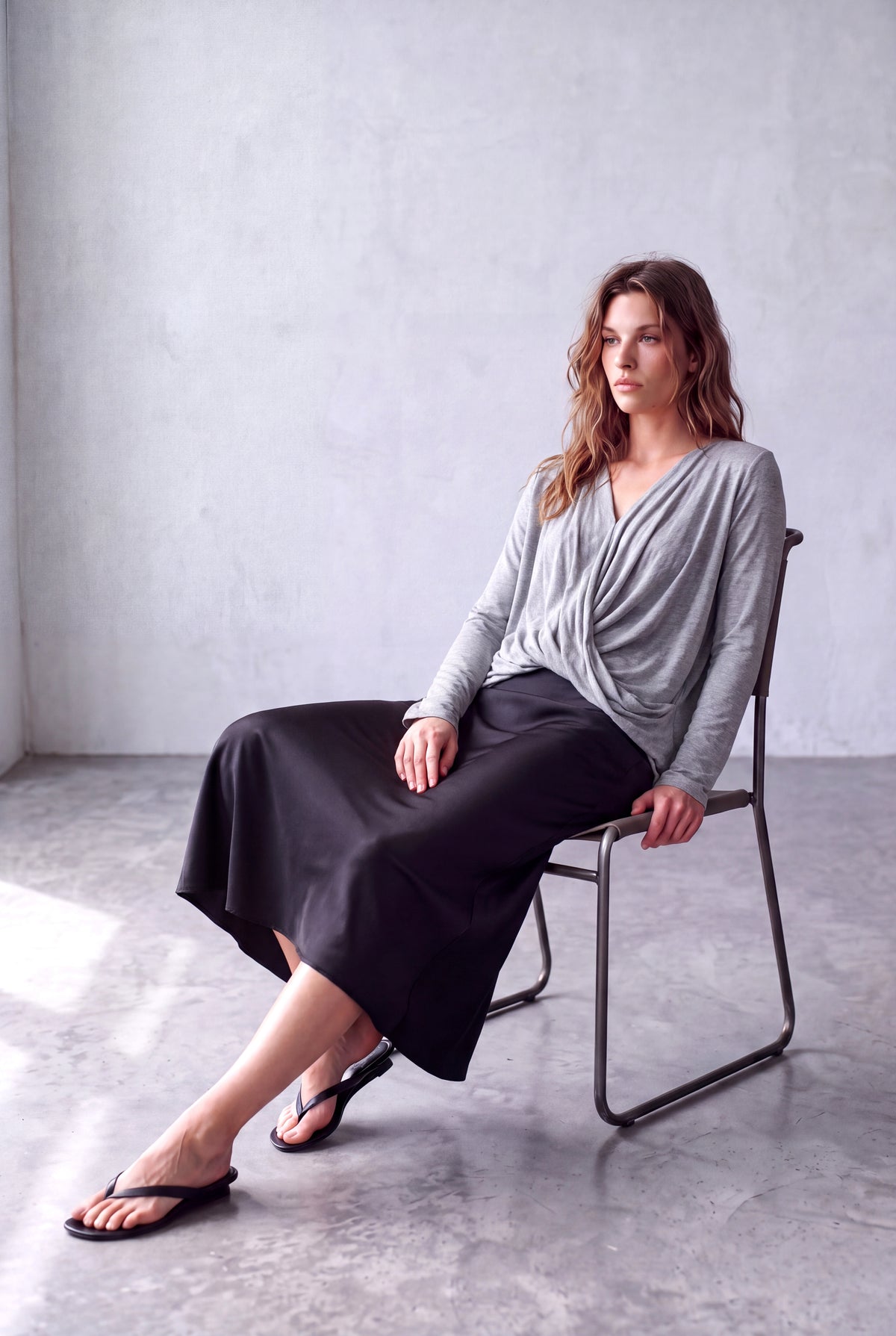 Açık Gri Melanj Kadın Açık Gri Melanj Viskon Karışımlı V Yaka Uzun Kollu Önü Dökümlü Büzgülü Bluz HARLOW - Top - Westmark London EU(TR) Store Organik Pamuklu Sürdürülebilir Moda