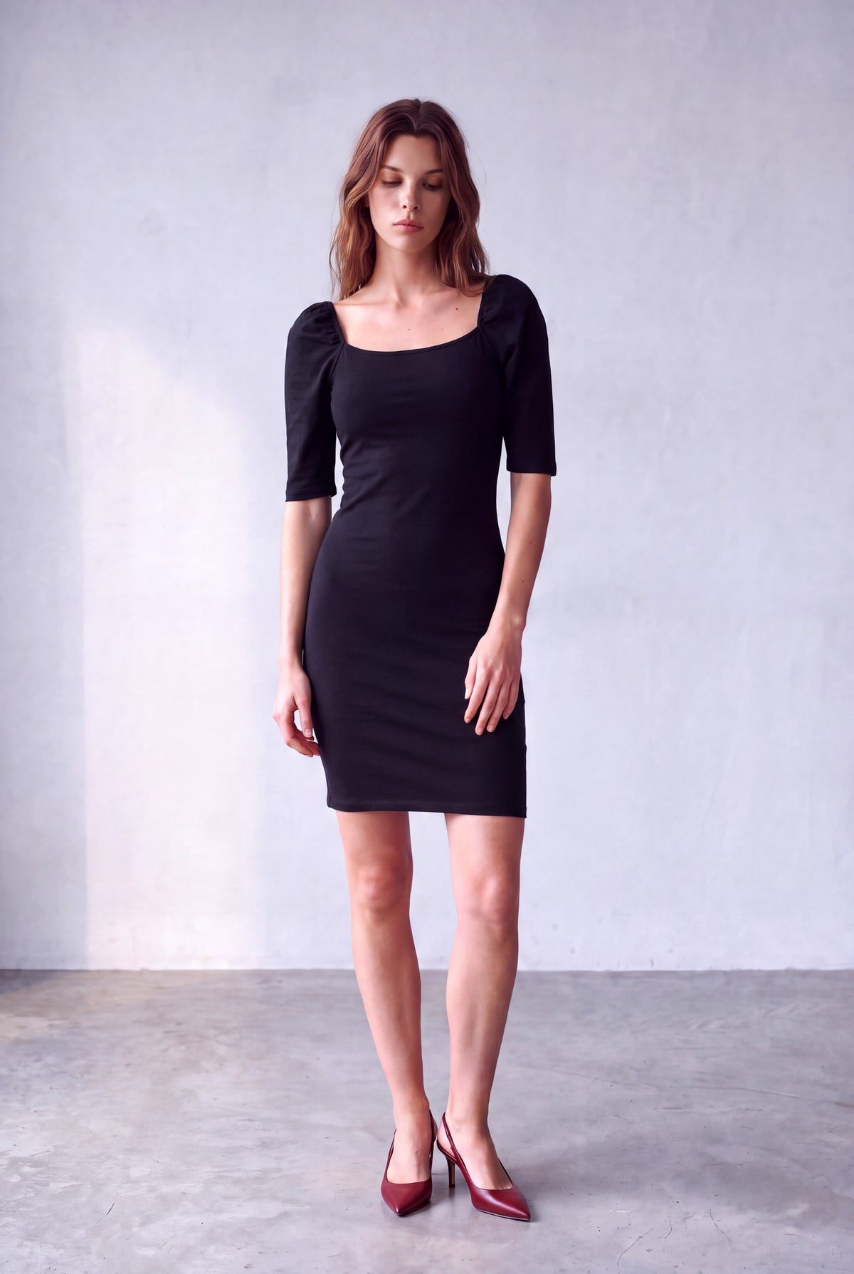 Siyah Kadın Siyah Pamuklu Kare Yaka 2/4 Balon Kollu Sırt Dekolteli Elbise FLORA - Dress - Westmark London EU(TR) Store Organik Pamuklu Sürdürülebilir Moda