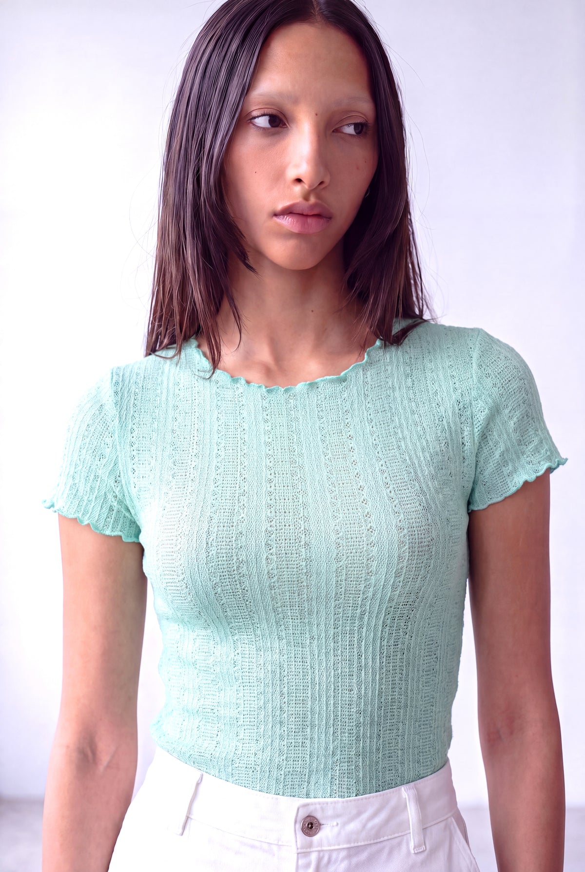 Mint Yeşili Kadın Mint Yeşili Ajurlu Bisiklet Yaka Kısa Kollu Baby Overlock Detaylı Bluz AJOUR - Top - Westmark London EU(TR) Store Organik Pamuklu Sürdürülebilir Moda