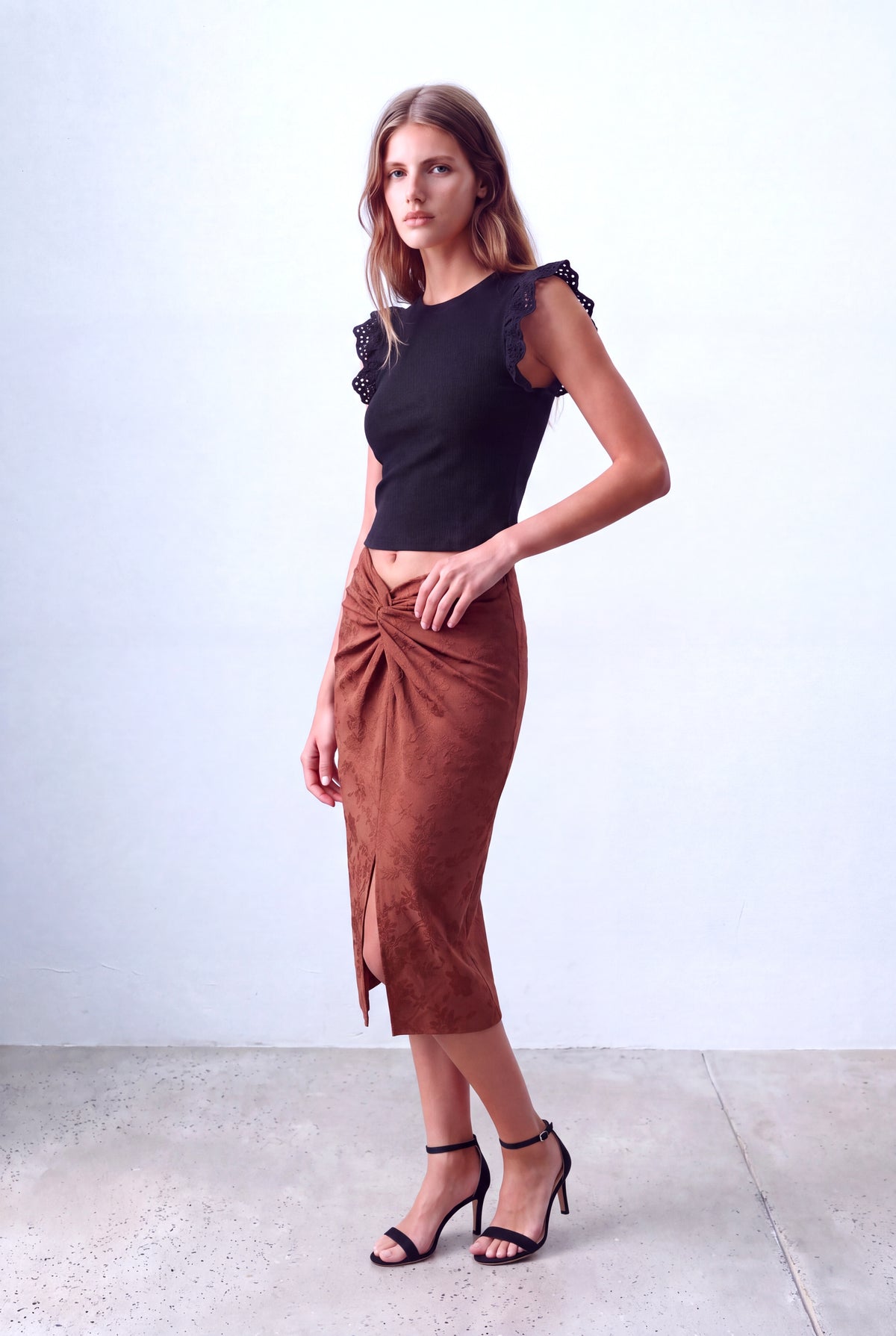 Kiremit Kadın Kiremit Jakarlı Büzgü Detaylı Yırtmaçlı Midi Etek AMIRA - Skirt - Westmark London EU(TR) Store Organik Pamuklu Sürdürülebilir Moda