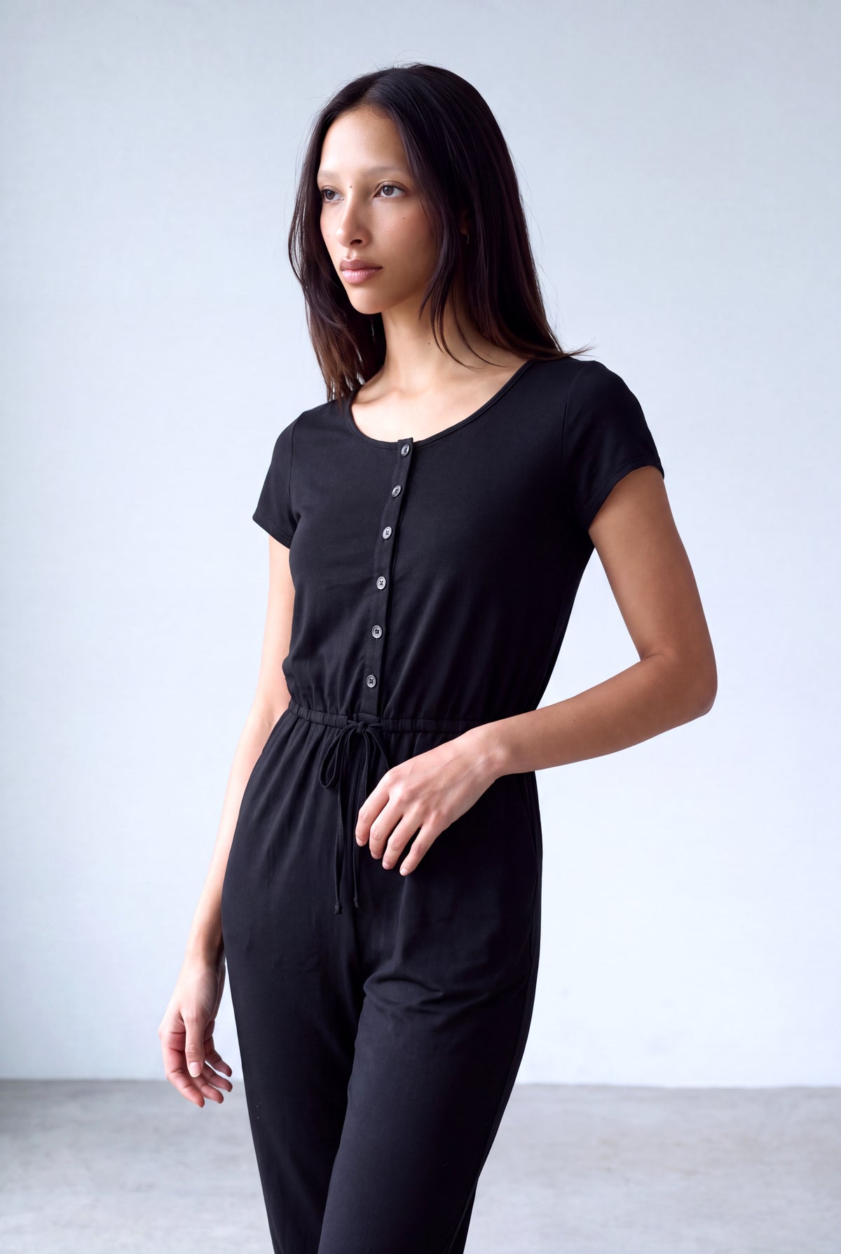 Siyah Kadın Siyah Pamuklu Bisiklet Yaka Kısa Kollu Beli Bağcıklı Düğmeli Tulum BRIGID - Jumpsuit - Westmark London EU(TR) Store Organik Pamuklu Sürdürülebilir Moda
