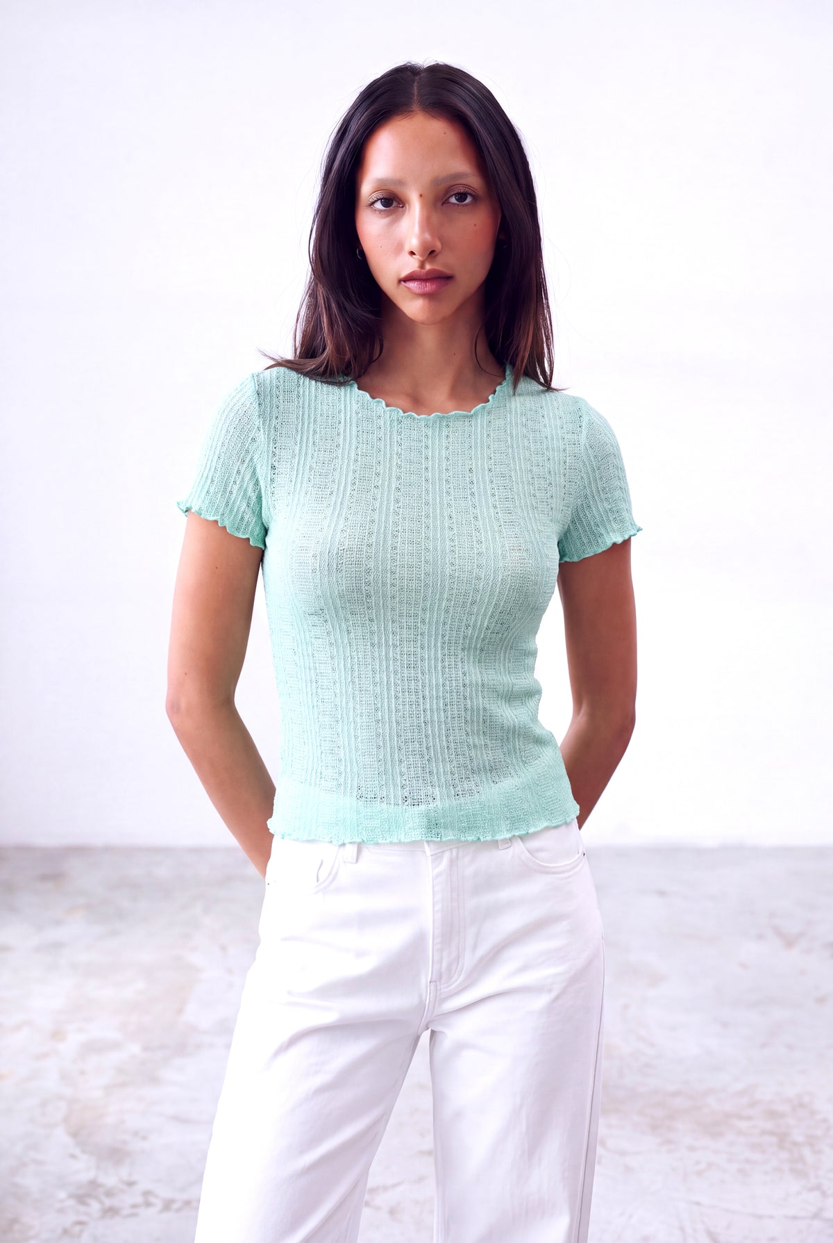 Mint Yeşili Kadın Mint Yeşili Ajurlu Bisiklet Yaka Kısa Kollu Baby Overlock Detaylı Bluz AJOUR - Top - Westmark London EU(TR) Store Organik Pamuklu Sürdürülebilir Moda