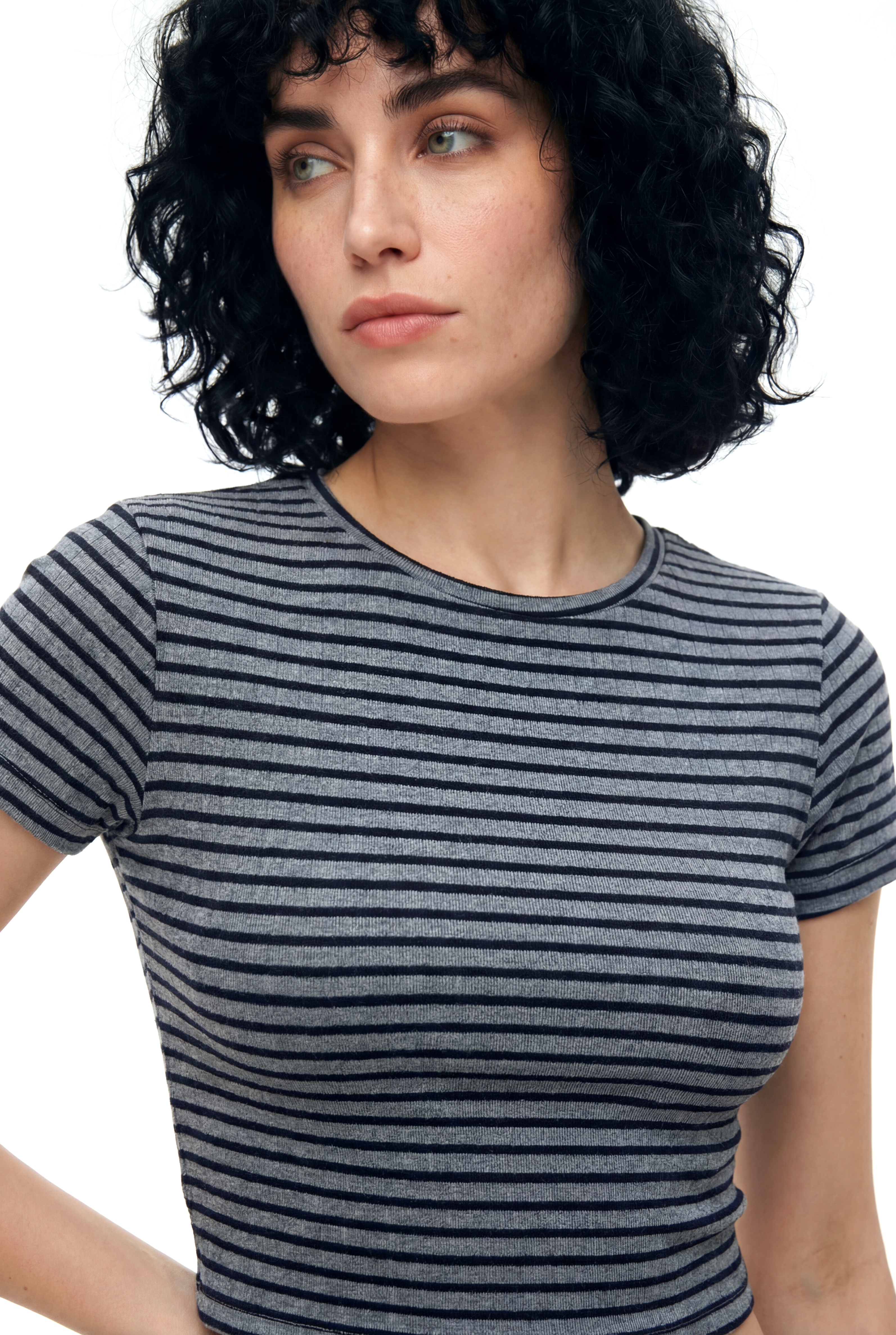 Siyah Gri Çizgili Bisiklet Yaka Kısa Kollu Kadın Crop T-Shirt SANDY S/S TOP - T-Shirt - Westmark London EU(TR) Store Organik Pamuklu Sürdürülebilir Moda