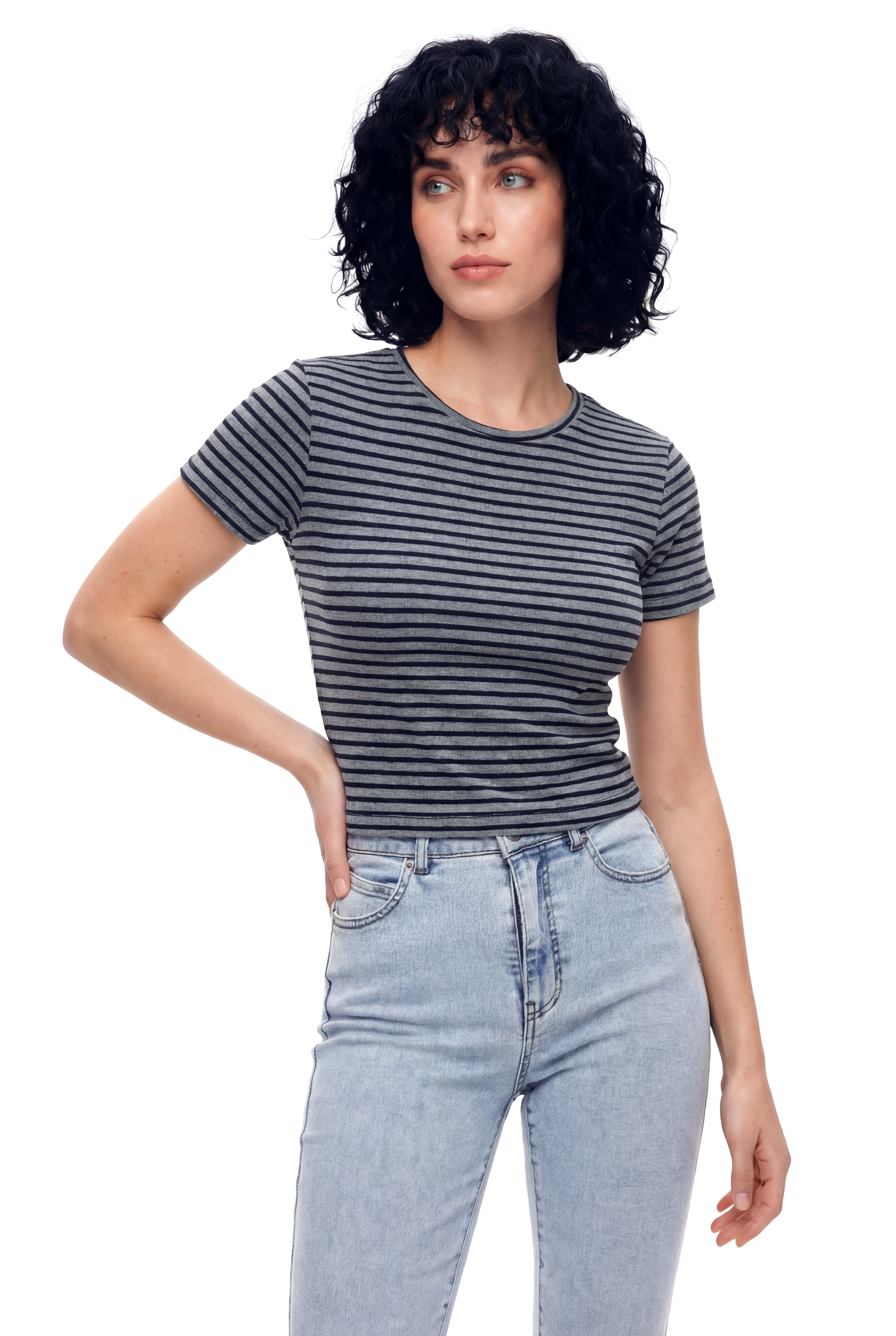 Siyah Gri Çizgili Bisiklet Yaka Kısa Kollu Kadın Crop T-Shirt SANDY S/S TOP - T-Shirt - Westmark London EU(TR) Store Organik Pamuklu Sürdürülebilir Moda