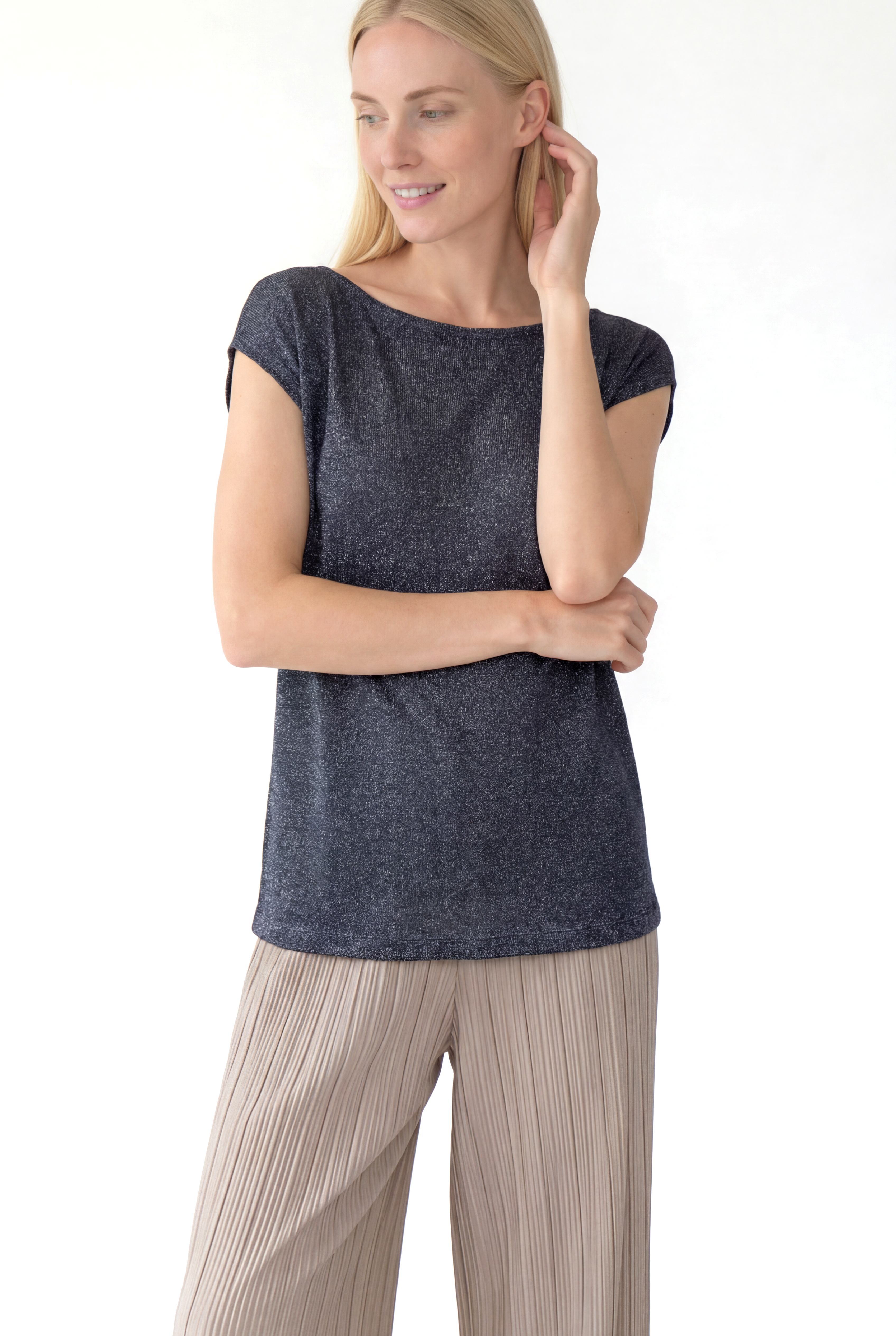 Siyah Gri Bisiklet Yaka Simli Kısa Kollu Kadın T-Shirt SKY GLITTER S/S TOP - T-Shirt - Westmark London EU(TR) Store Organik Pamuklu Sürdürülebilir Moda