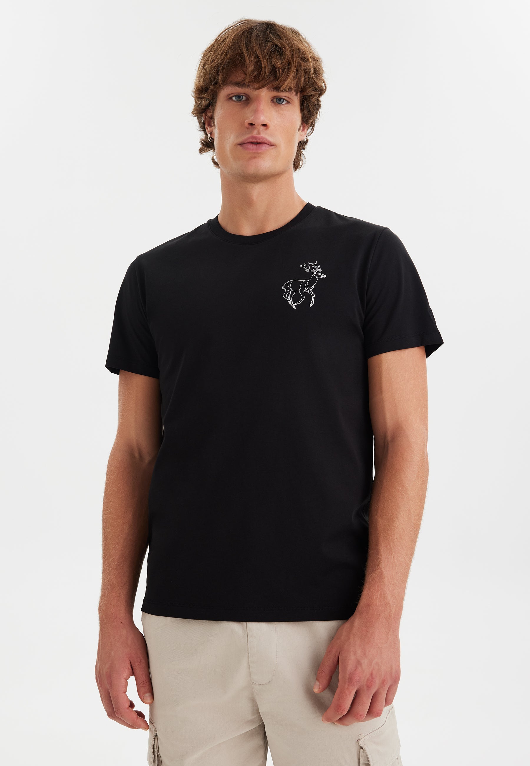 Siyah Baskılı Bisiklet Yaka Pamuklu Erkek T-Shirt WMEMBROIDERY DEER - T-Shirt - Westmark London EU(TR) Store Organik Pamuklu Sürdürülebilir Moda