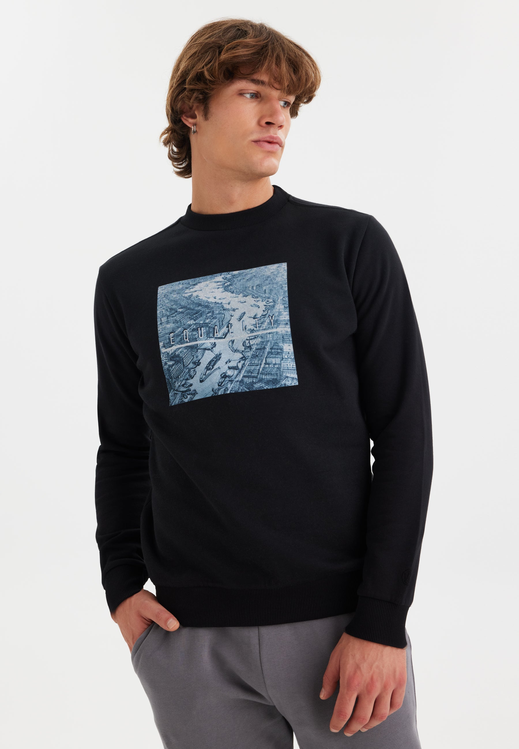 Siyah Baskılı Bisiklet Yaka Pamuklu Regular Fit Erkek Sweatshirt WMLONDON EQUALITY - Sweatshirt - Westmark London EU(TR) Store Organik Pamuklu Sürdürülebilir Moda