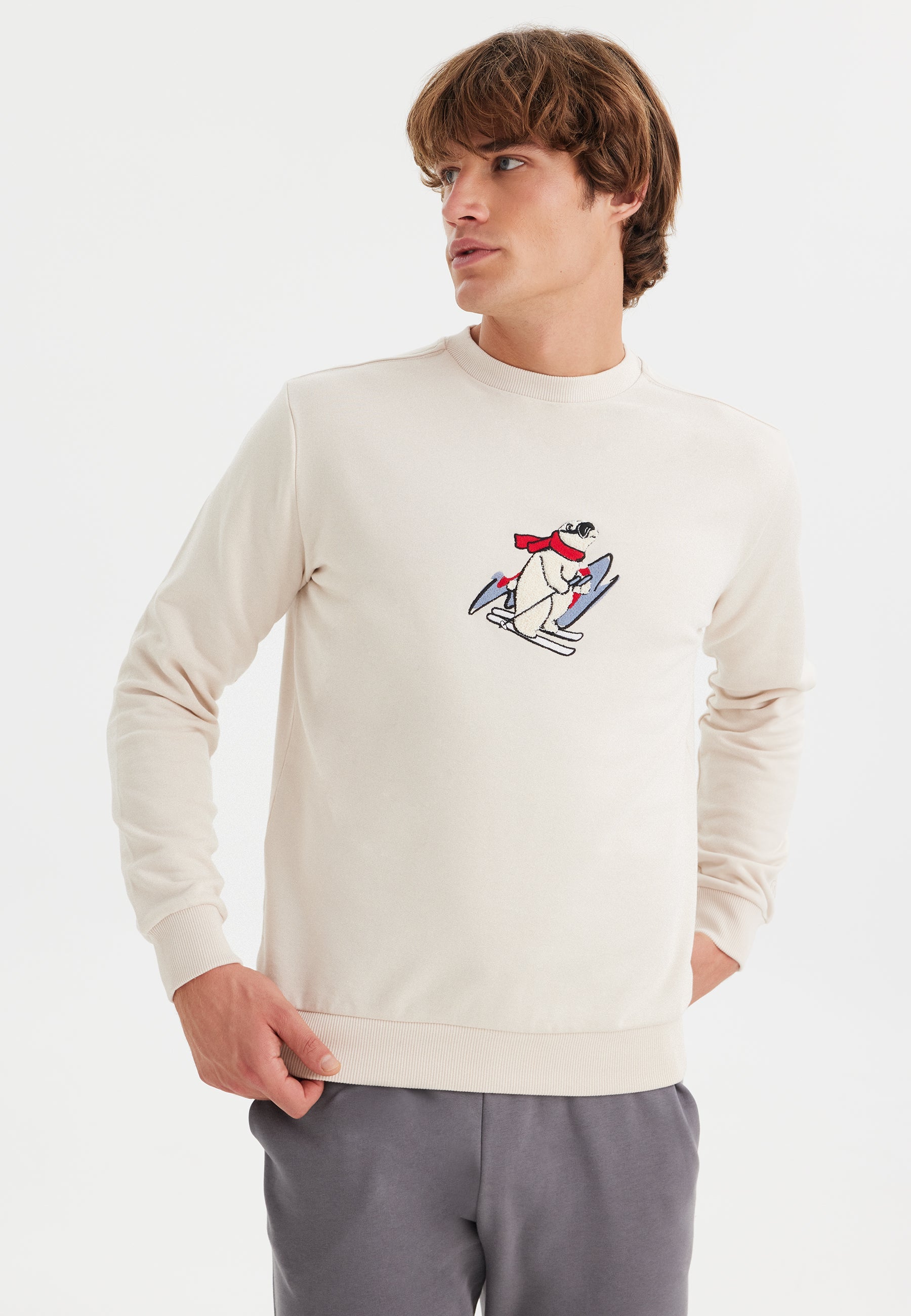 Beyaz Baskılı Bisiklet Yaka Pamuklu Regular Fit Erkek Sweatshirt WMCARTOON SKI - Sweatshirt - Westmark London EU(TR) Store Organik Pamuklu Sürdürülebilir Moda