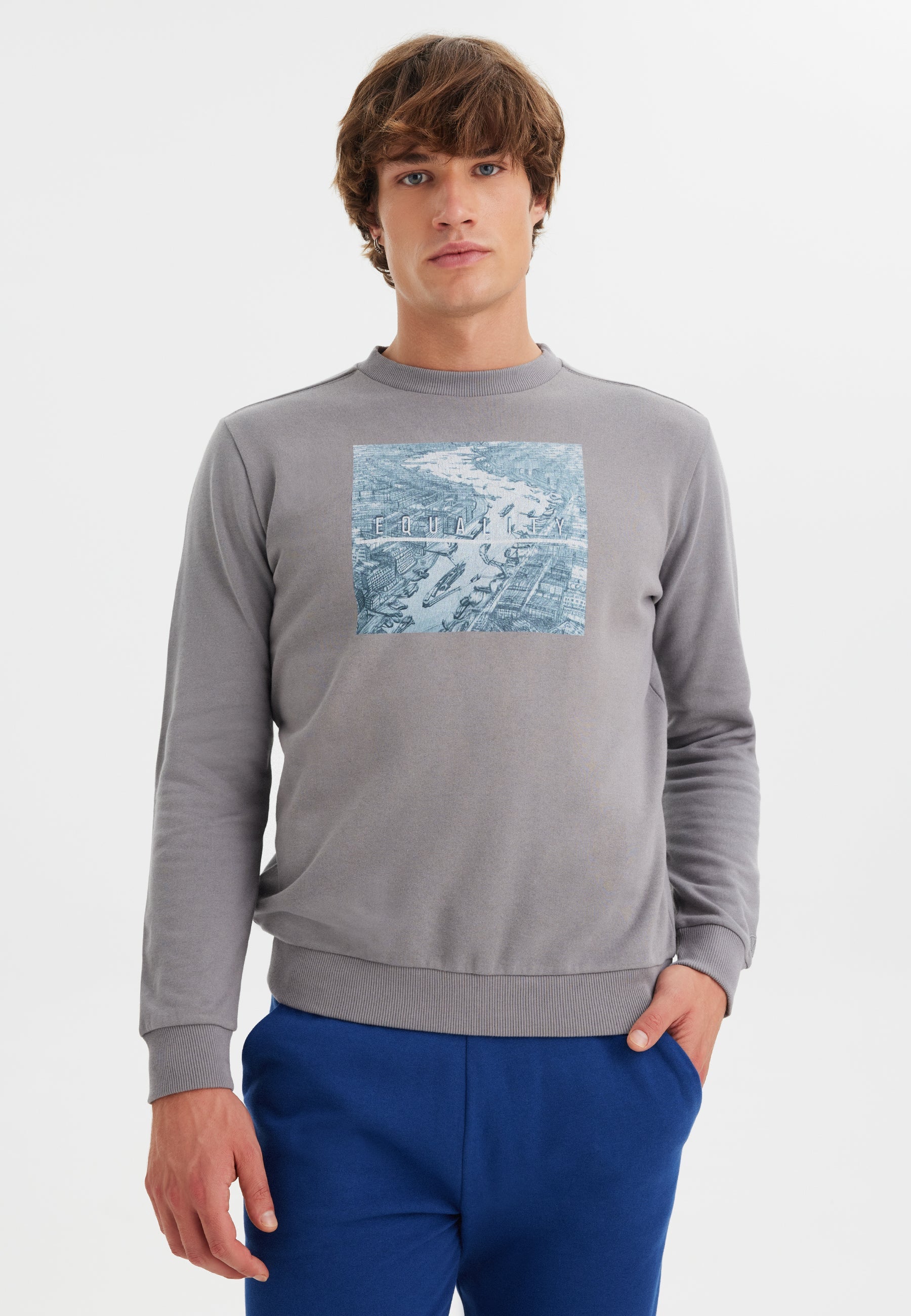 Gri Baskılı Bisiklet Yaka Pamuklu Regular Fit Erkek Sweatshirt WMLONDON EQUALITY - Sweatshirt - Westmark London EU(TR) Store Organik Pamuklu Sürdürülebilir Moda