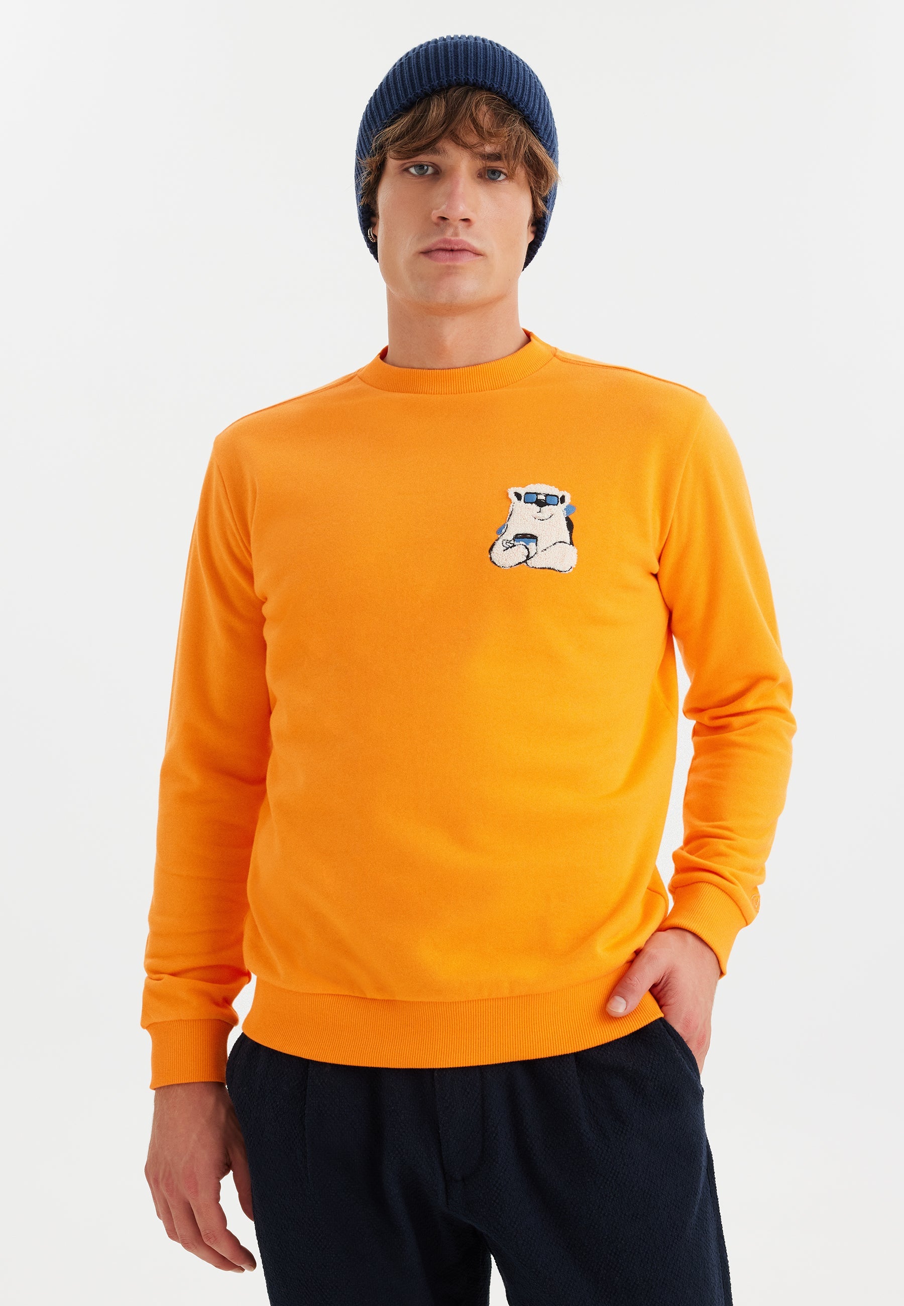 Turuncu Baskılı Bisiklet Yaka Pamuklu Regular Fit Erkek Sweatshirt WMCARTOON BEAR - Sweatshirt - Westmark London EU(TR) Store Organik Pamuklu Sürdürülebilir Moda