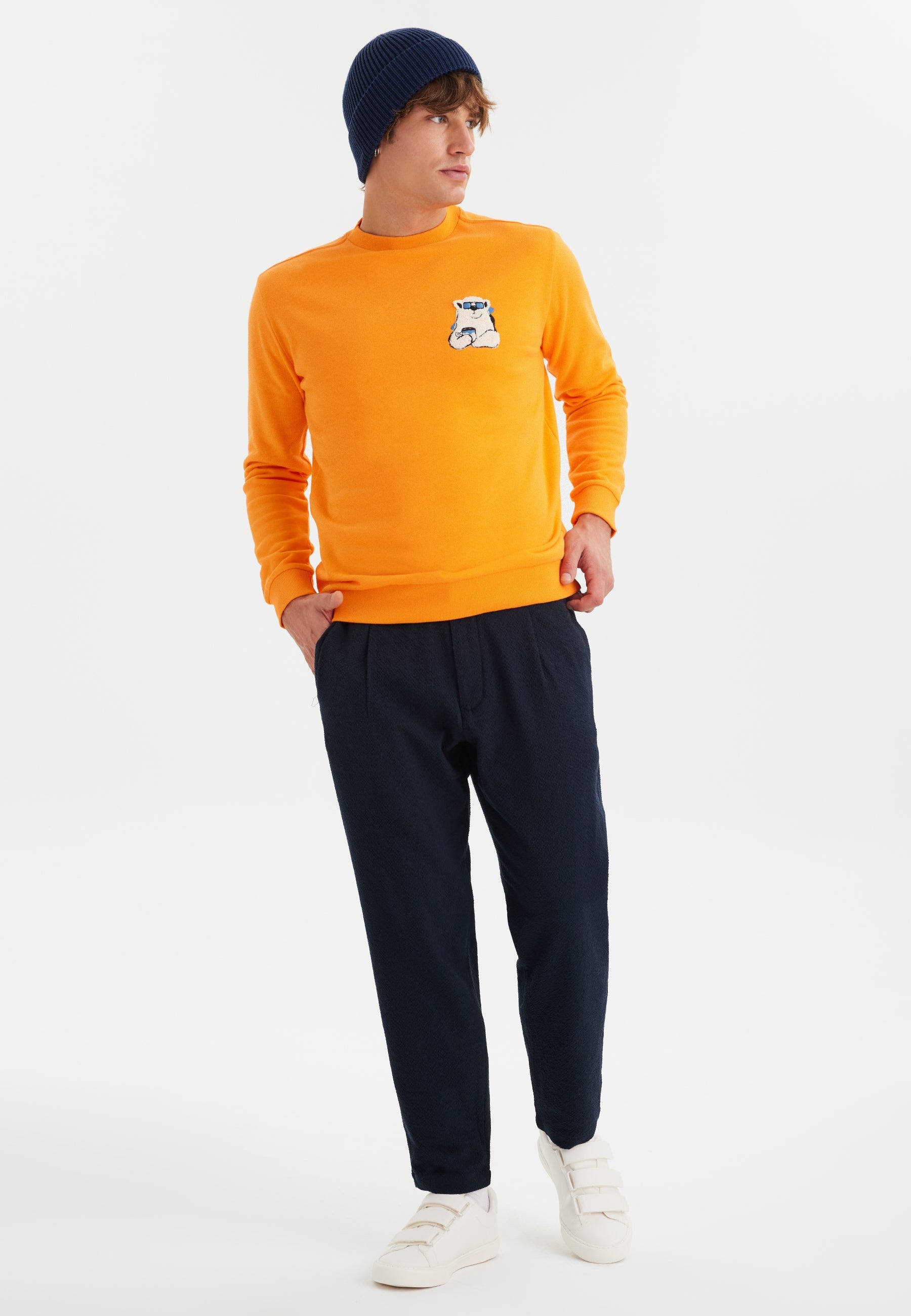 Turuncu Baskılı Bisiklet Yaka Pamuklu Regular Fit Erkek Sweatshirt WMCARTOON BEAR - Sweatshirt - Westmark London EU(TR) Store Organik Pamuklu Sürdürülebilir Moda
