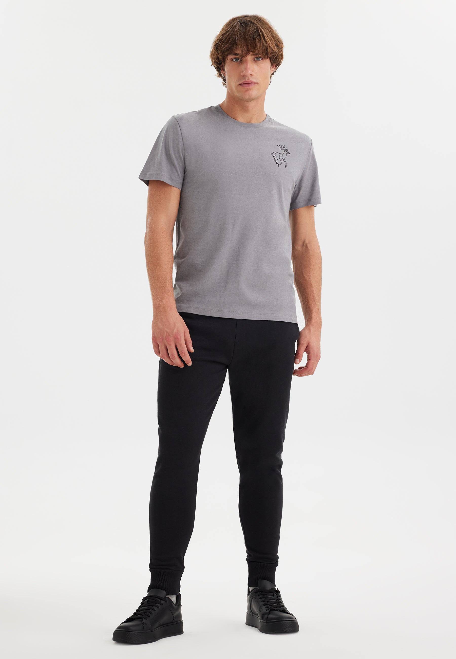 Gri Baskılı Bisiklet Yaka Pamuklu Erkek T-Shirt WMEMBROIDERY DEER - T-Shirt - Westmark London EU(TR) Store Organik Pamuklu Sürdürülebilir Moda