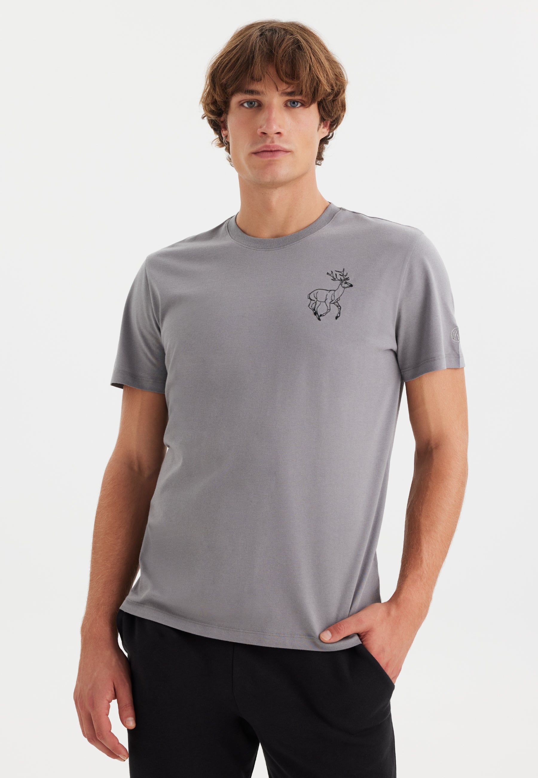 Gri Baskılı Bisiklet Yaka Pamuklu Erkek T-Shirt WMEMBROIDERY DEER - T-Shirt - Westmark London EU(TR) Store Organik Pamuklu Sürdürülebilir Moda