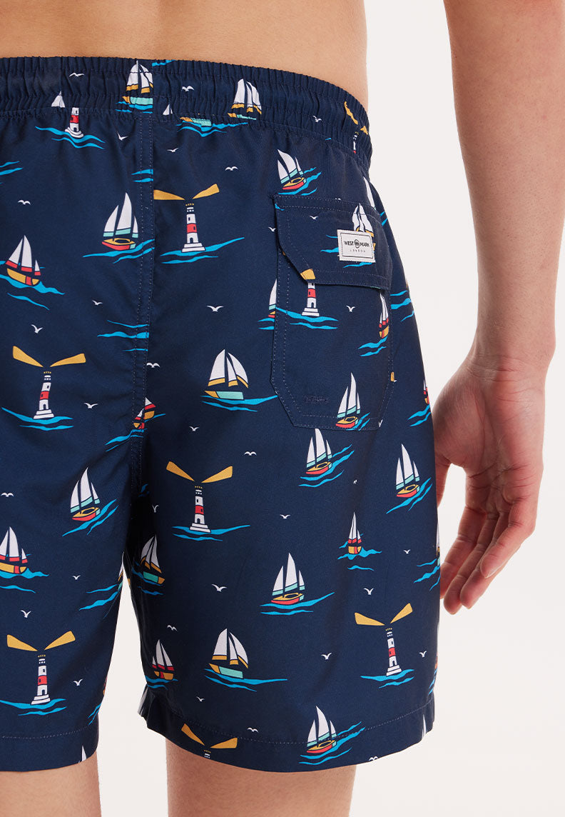 WMICON LIGHTHOUSE SWIM SHORTS in Navy AOP - Swim Shorts - Westmark London EU(TR) Store Organik Pamuklu Sürdürülebilir Moda