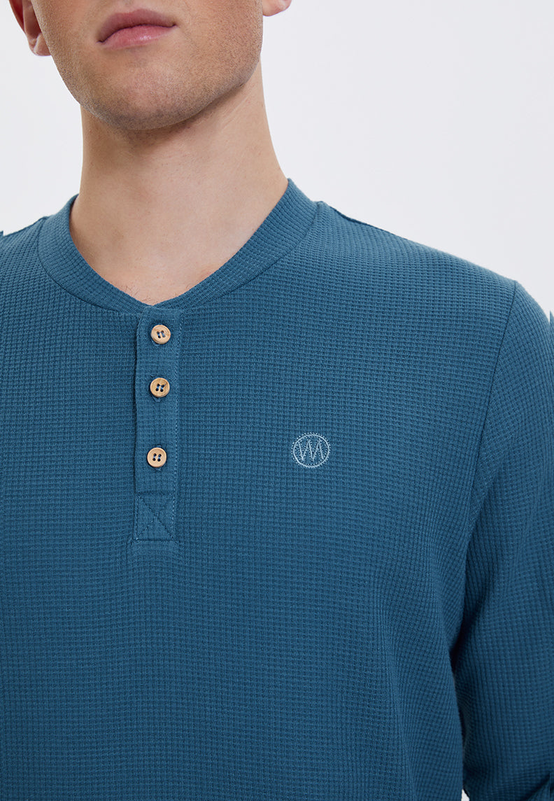 ESSENTIALS LONG SLEEVE HENLEY in Midnight - T-Shirt - Westmark London EU(TR) Store Organik Pamuklu Sürdürülebilir Moda