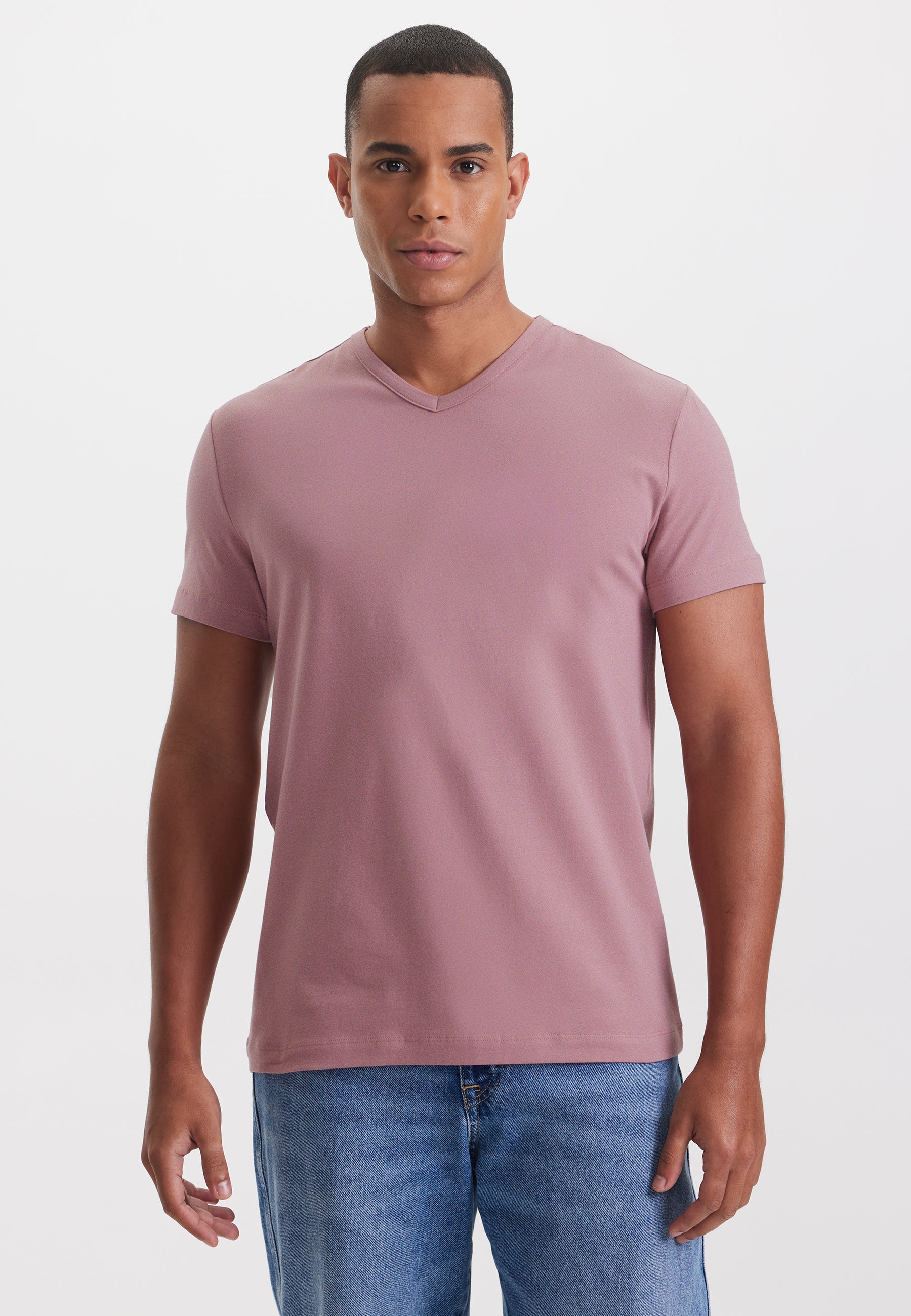 Küllü Pembe V-Yaka Regular Fit Pamuk Elastan Karışımlı Basic Erkek T-Shirt THEO - T-Shirt - Westmark London EU(TR) Store Organik Pamuklu Sürdürülebilir Moda