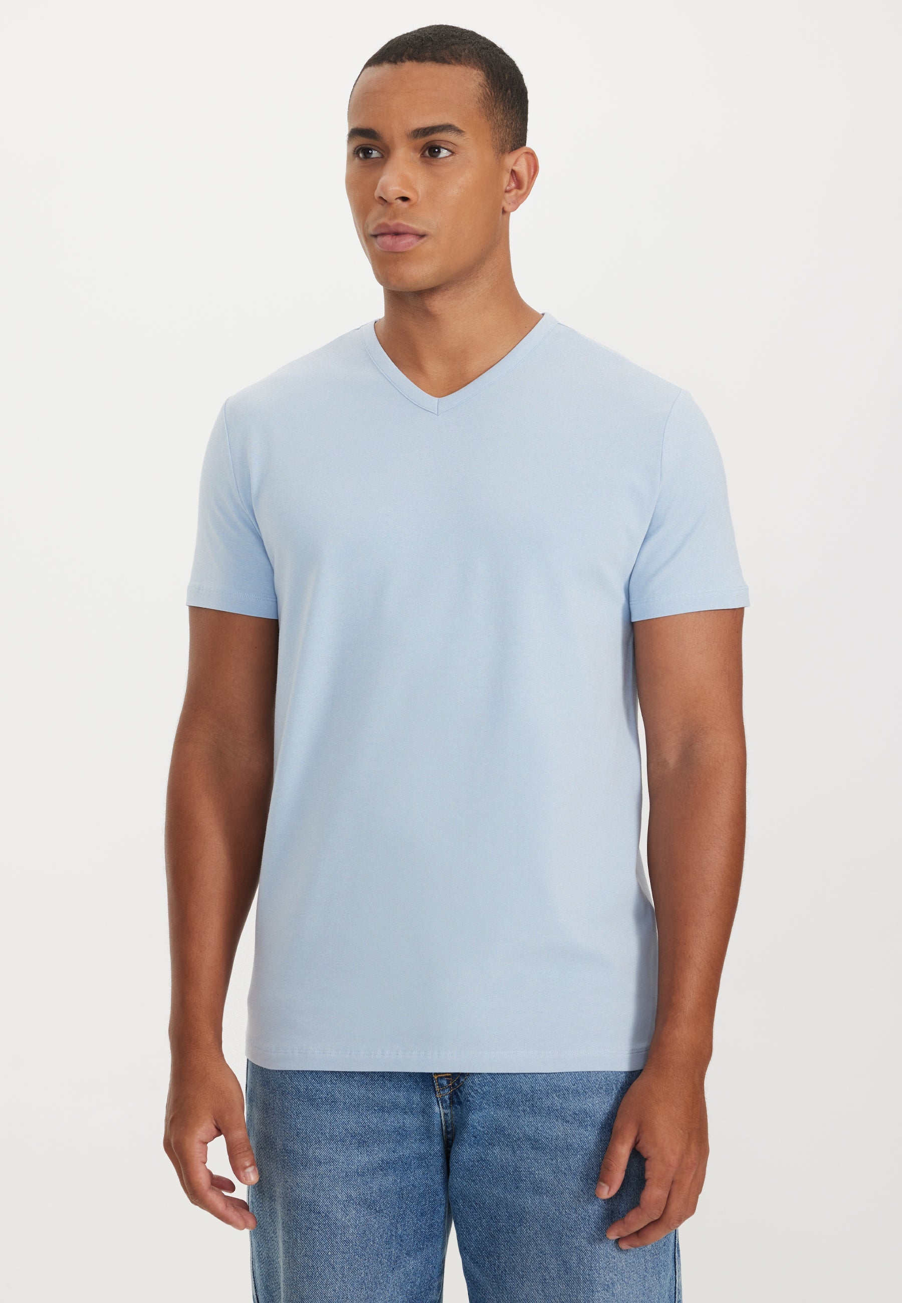 Bebek Mavisi V-Yaka Regular Fit Pamuk Elastan Karışımlı Basic Erkek T-Shirt THEO - T-Shirt - Westmark London EU(TR) Store Organik Pamuklu Sürdürülebilir Moda