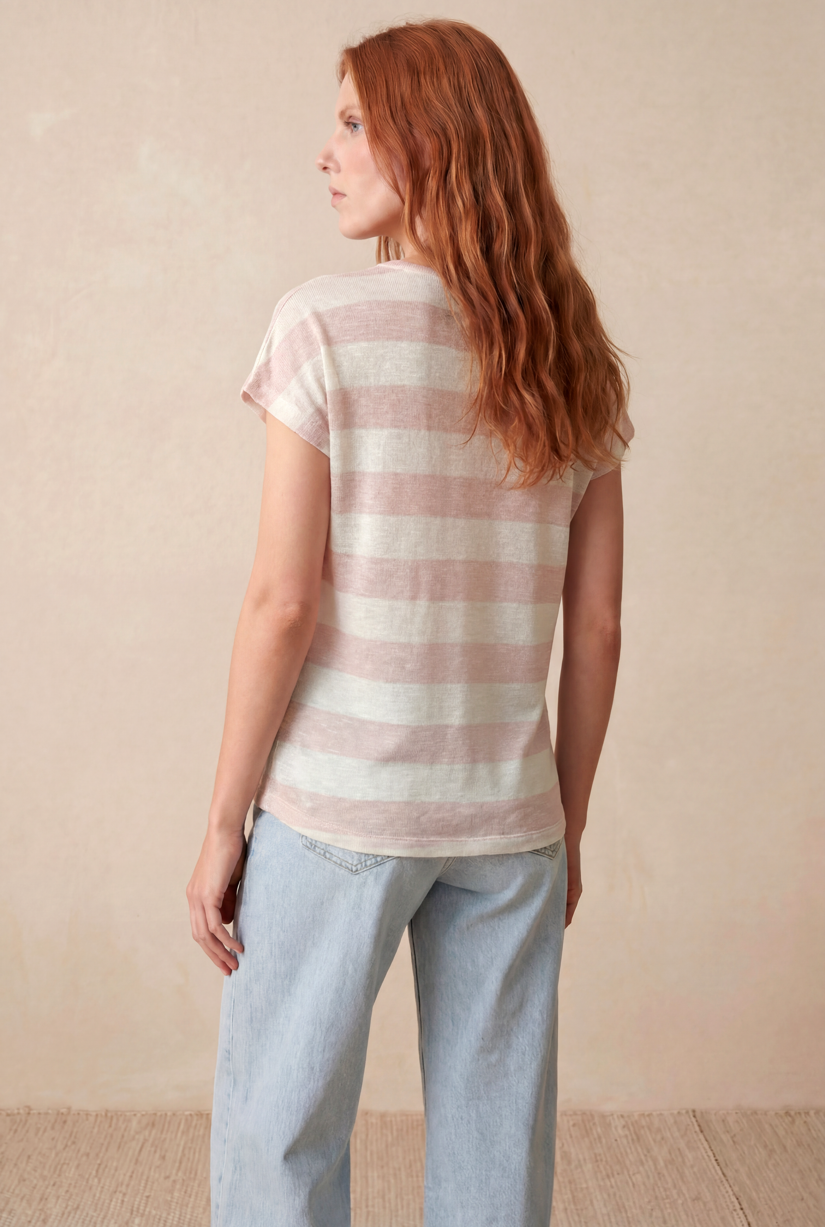 Kadın Regular Fit Bisiklet Yaka Kısa Kol Ekru / Somon Çizgili Viskon / Elastan T-Shirt WILDA - Top - Westmark London EU(TR) Store Organik Pamuklu Sürdürülebilir Moda
