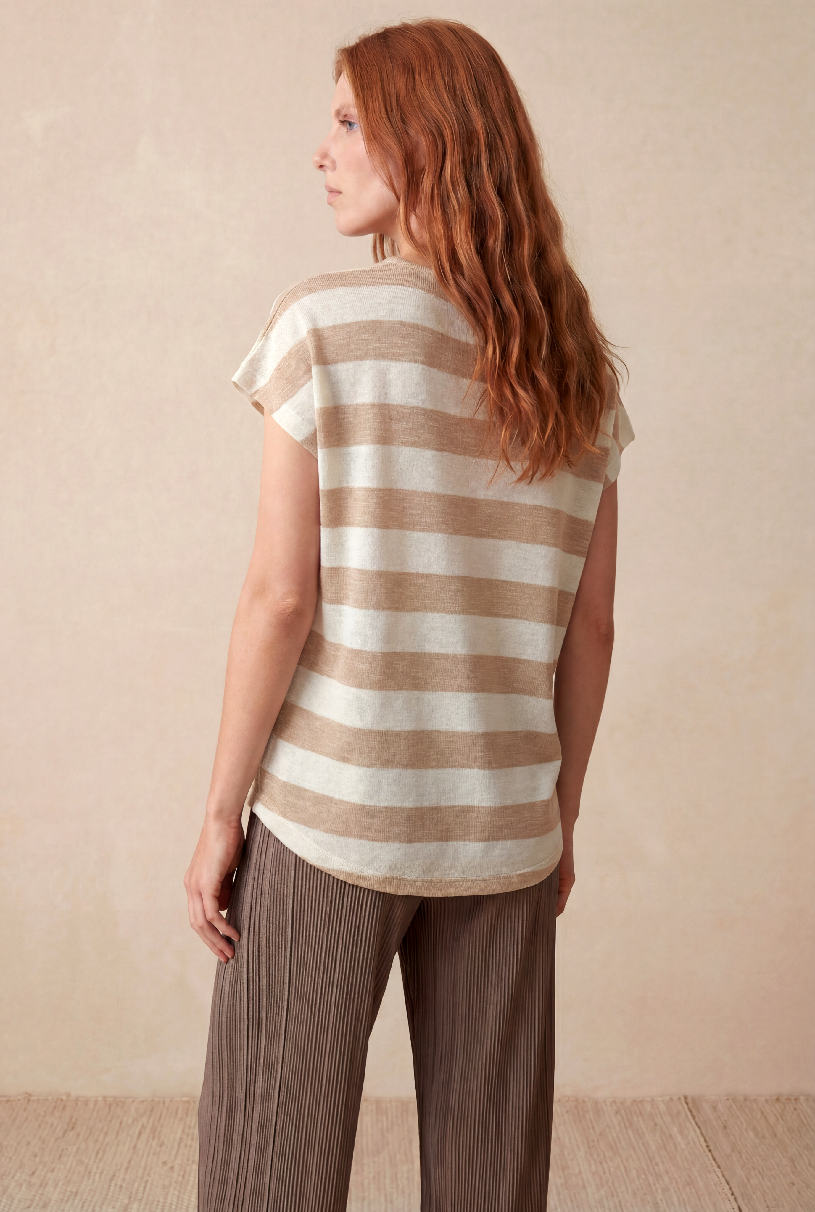 Kadın Regular Fit Bisiklet Yaka Kısa Kol Ekru / Kum Rengi Çizgili Viskon / Elastan T-Shirt WILDA - Top - Westmark London EU(TR) Store Organik Pamuklu Sürdürülebilir Moda