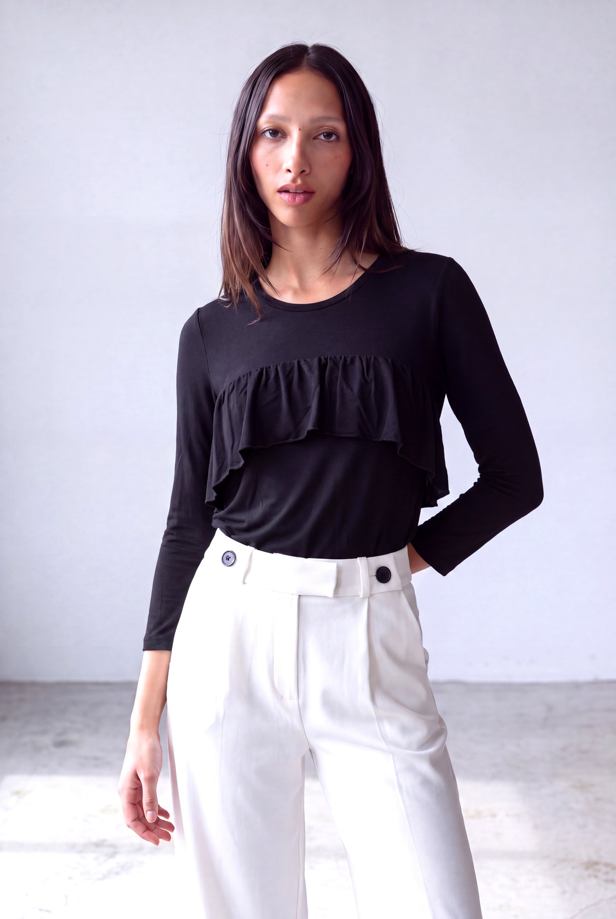 Siyah Kadın Siyah Viskon Bisiklet Yaka 3/4 Kol Volanlı Bluz ZANE - Top - Westmark London EU(TR) Store Organik Pamuklu Sürdürülebilir Moda