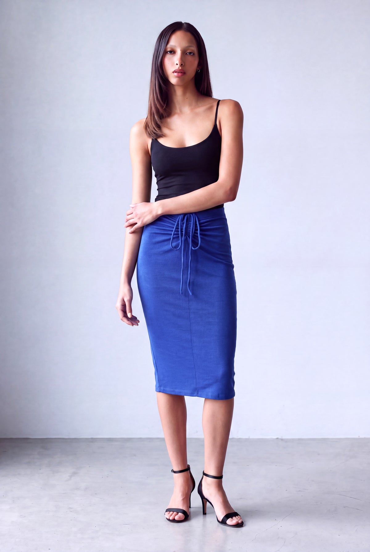 Mavi Kadın Mavi Dokulu Diz Altı Büzme Fonksiyonlu Bağcıklı Etek JOY - Skirt - Westmark London EU(TR) Store Organik Pamuklu Sürdürülebilir Moda