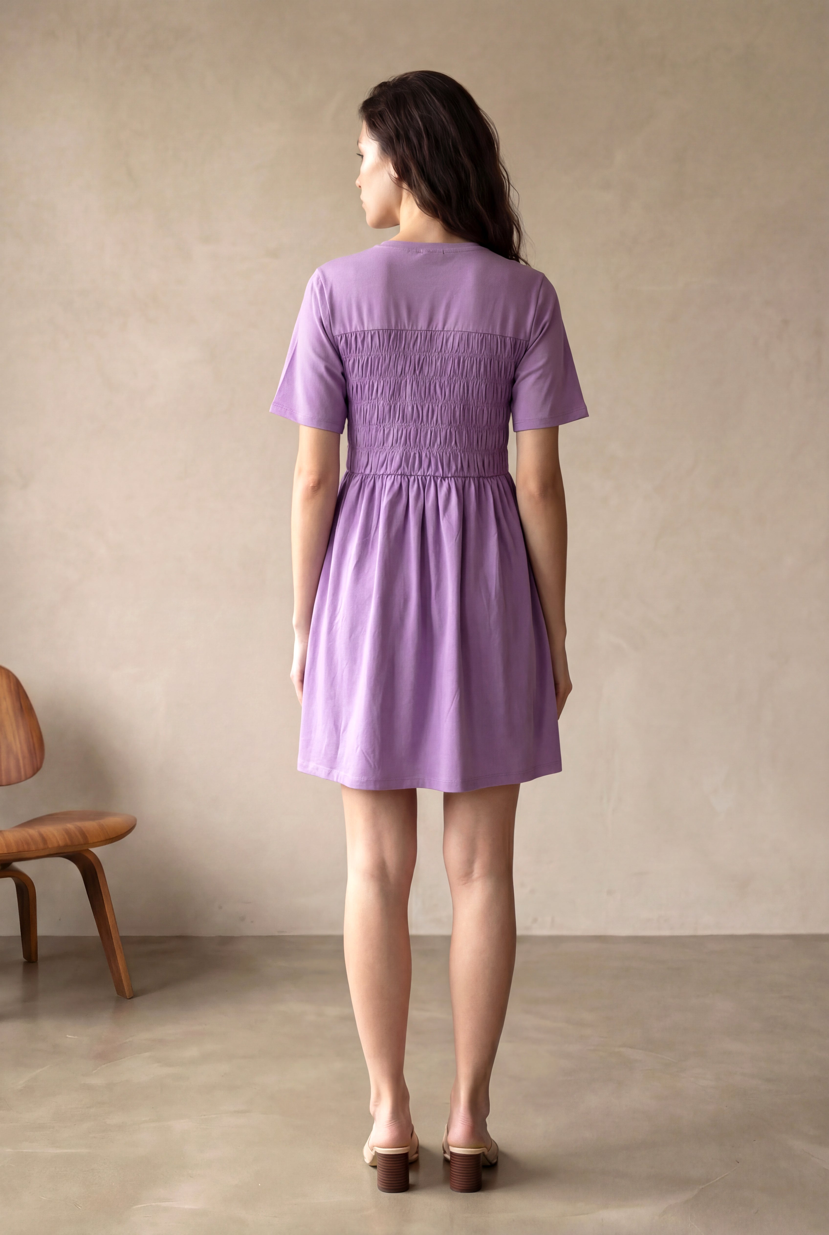 Kadın Regular Fit Bisiklet Yaka Pamuk / Elastan Kısa Kol Lilac  Elbise CLAUDIA