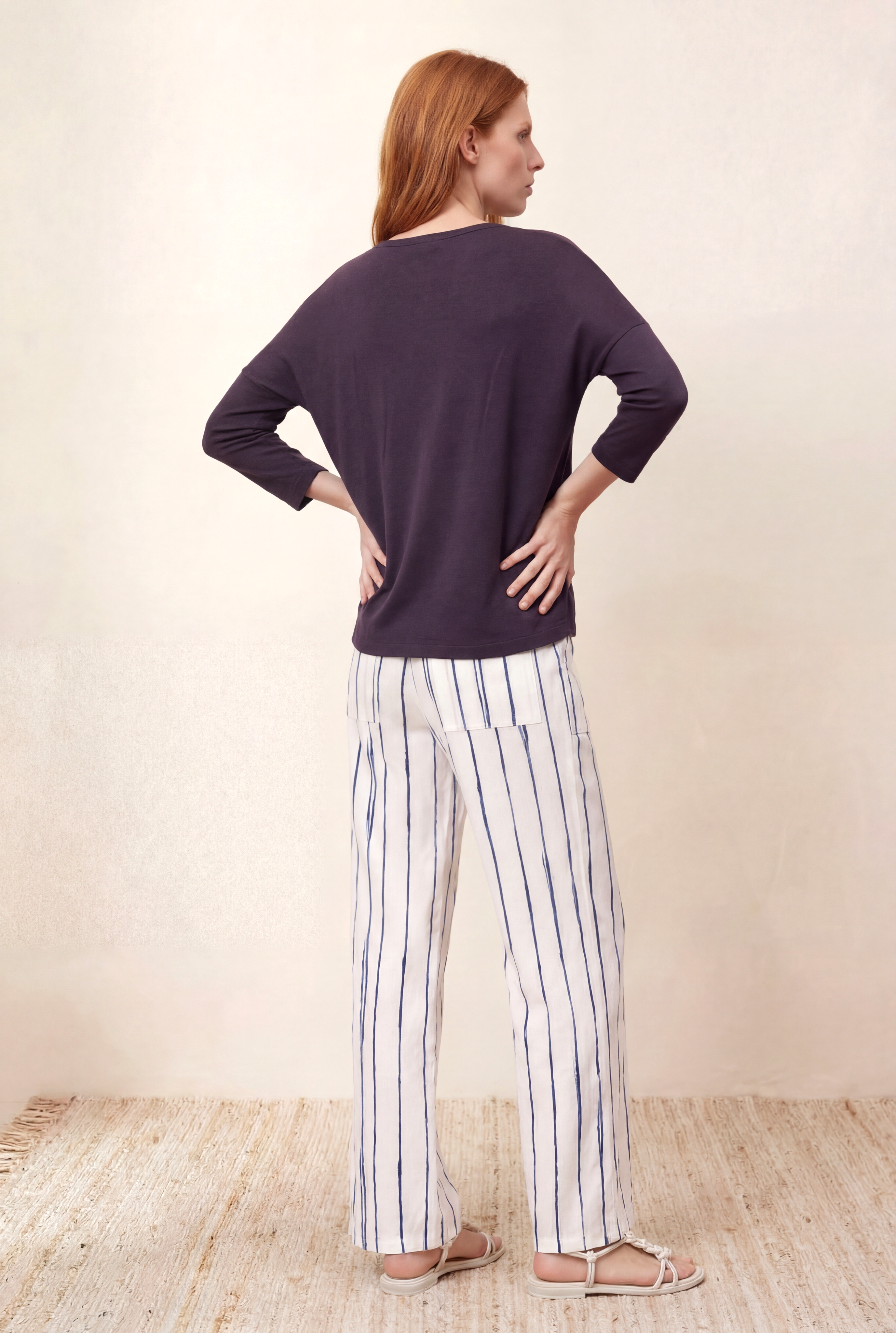 Kadın Mor Viskon Relaxed Fit Bisiklet Yaka 3/4 Kol Düşük Omuz Bluz LIA