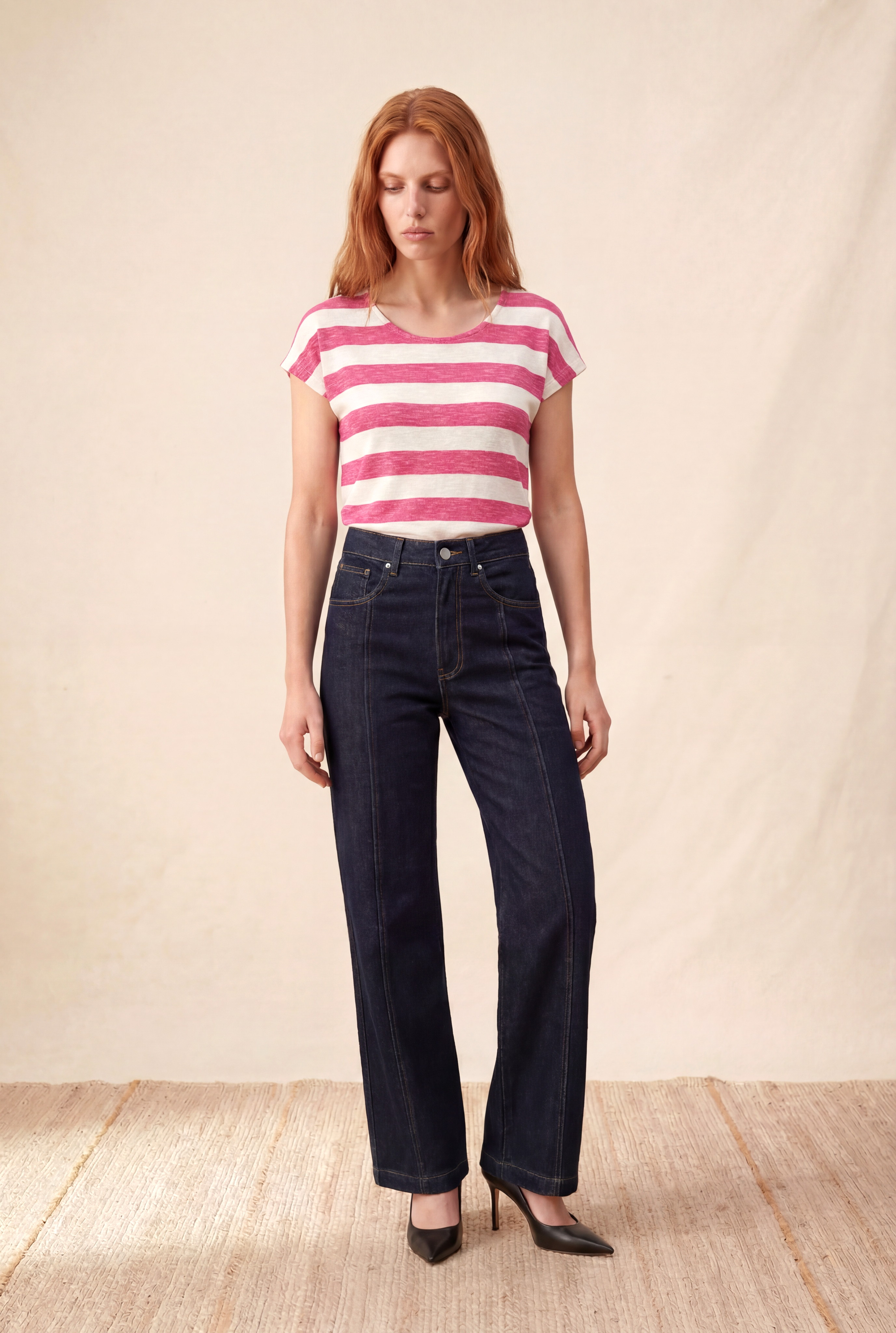 Kadın Regular Fit Bisiklet Yaka Kısa Kol Ekru / Mor Çizgili Viskon / Elastan T-Shirt WILDA - Top - Westmark London EU(TR) Store Organik Pamuklu Sürdürülebilir Moda