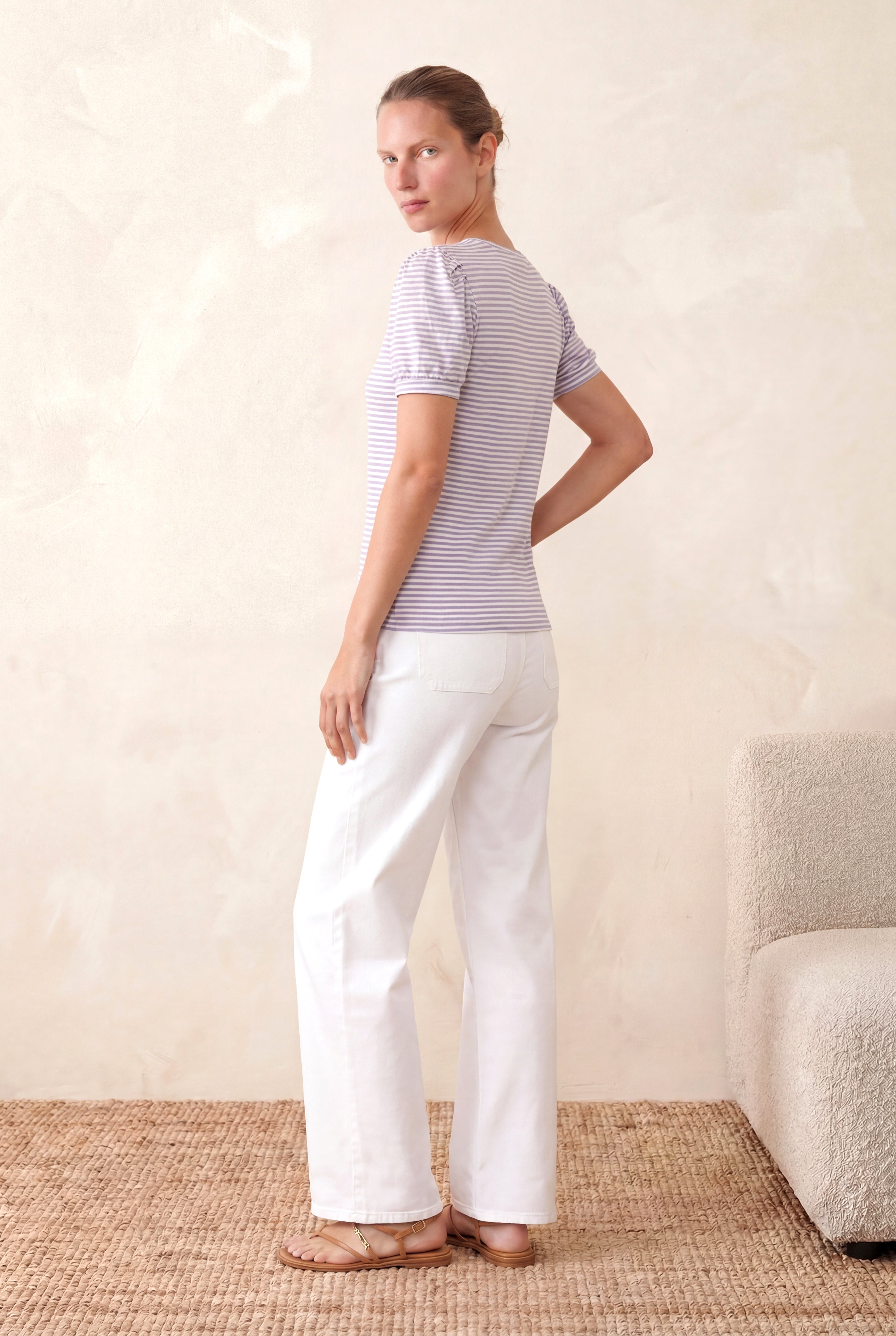 Kadın Lila Çizgili Viskon Karışımlı Regular Fit Bisiklet Yaka Kısa Balon Kollu T-Shirt KELLY