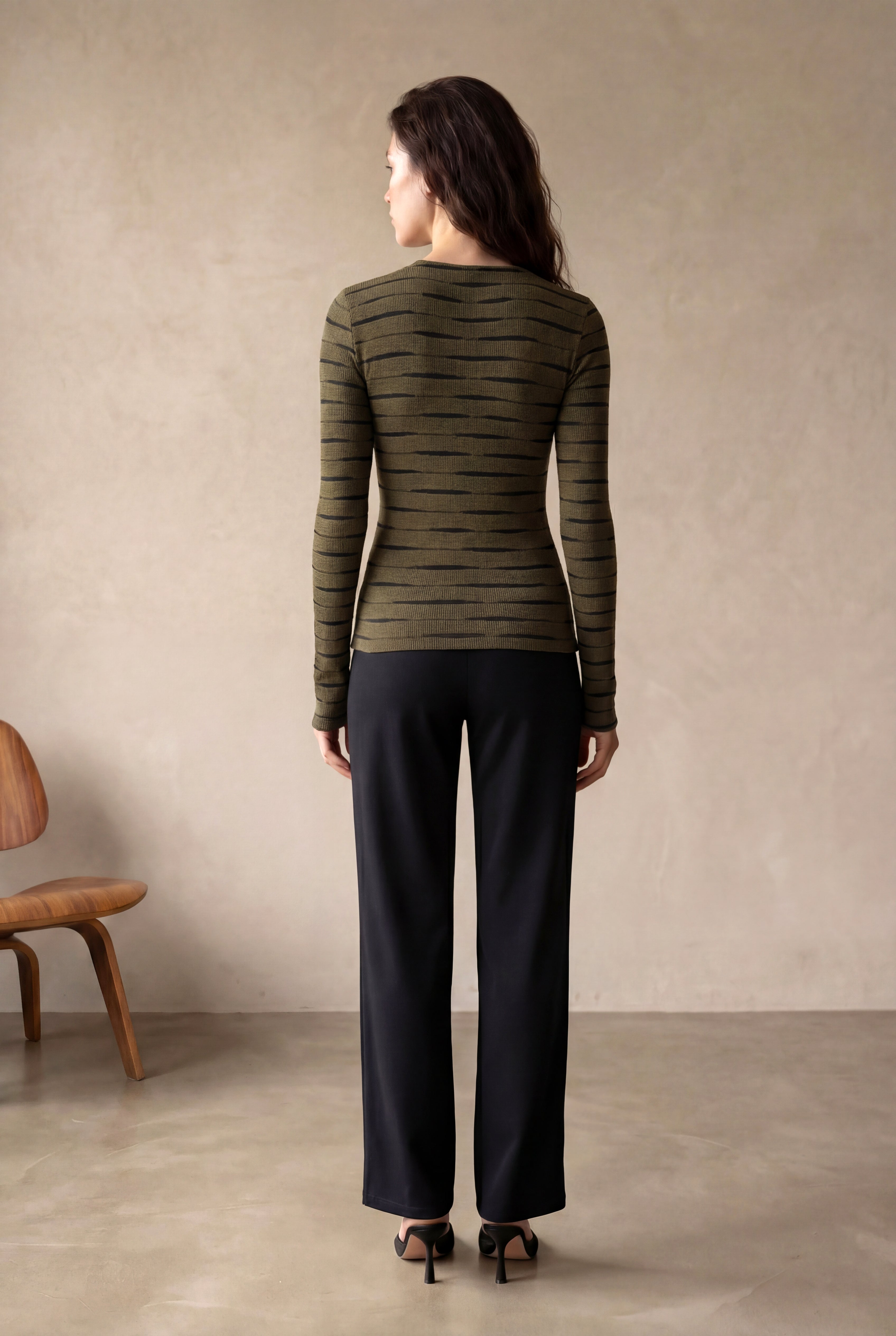 Kadın Regular Fit Bisiklet Yaka Polyester / Viskon / Elastan Uzun Kol Haki/ Siyah Çizgili Bluz ADELE - Top - Westmark London EU(TR) Store Organik Pamuklu Sürdürülebilir Moda