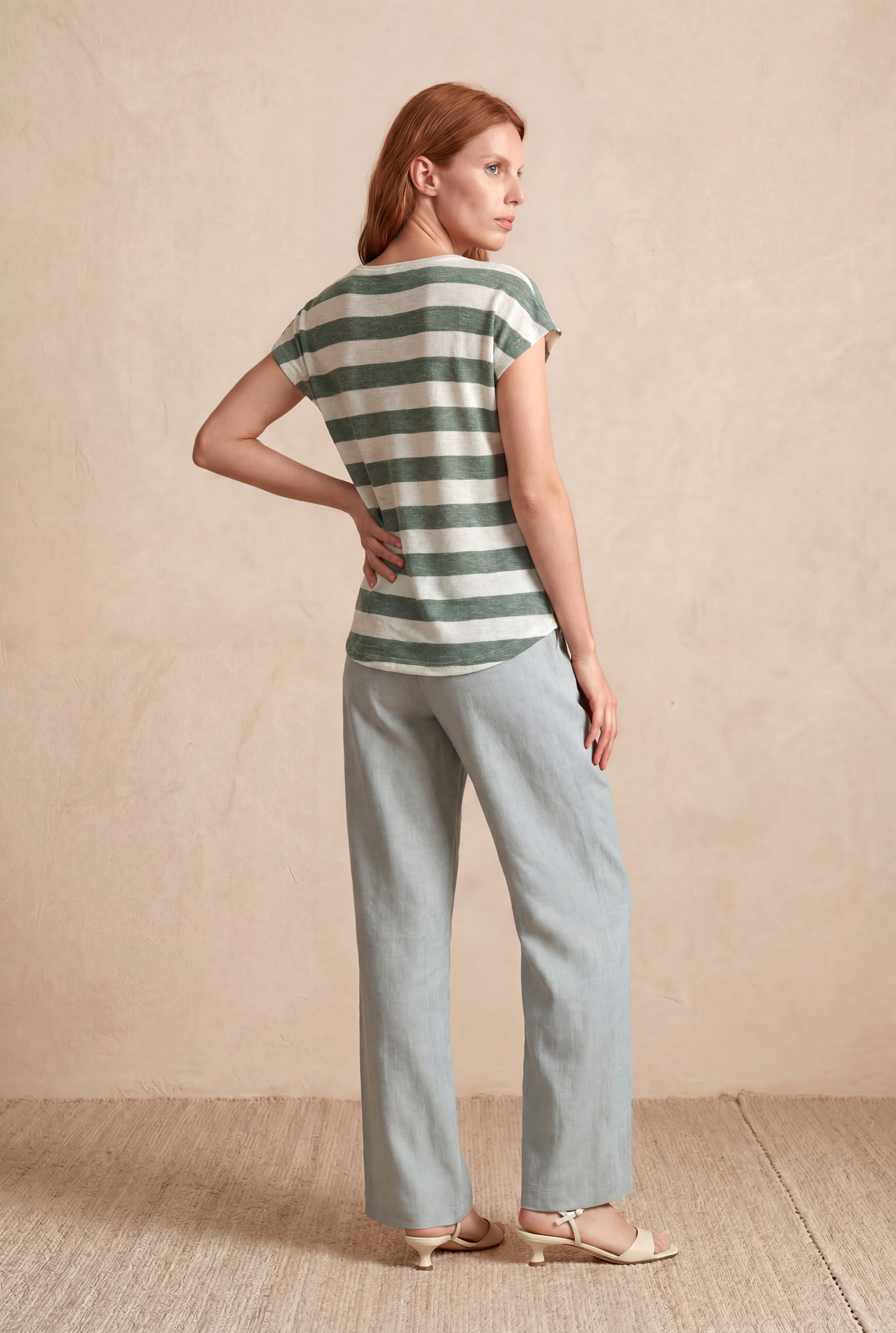 Kadın Regular Fit Bisiklet Yaka Kısa Kol Ekru / Defne Yeşili Çizgili Viskon / Elastan T-Shirt WILDA - Top - Westmark London EU(TR) Store Organik Pamuklu Sürdürülebilir Moda