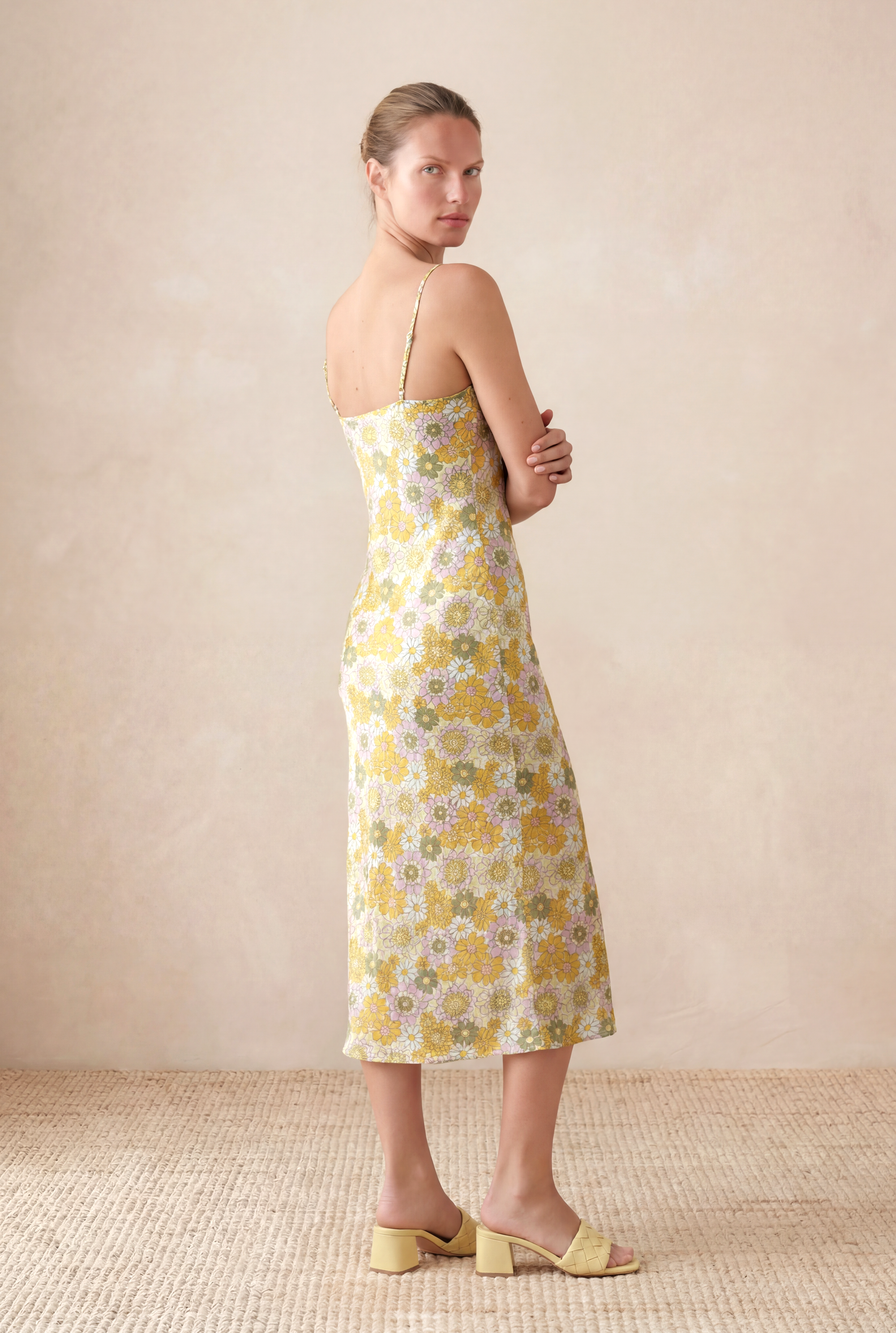Kadın Slim Fit İp Askılı Sarı, Beyaz İnterlok Midi Elbise HELOISA - Dress - Westmark London EU(TR) Store Organik Pamuklu Sürdürülebilir Moda