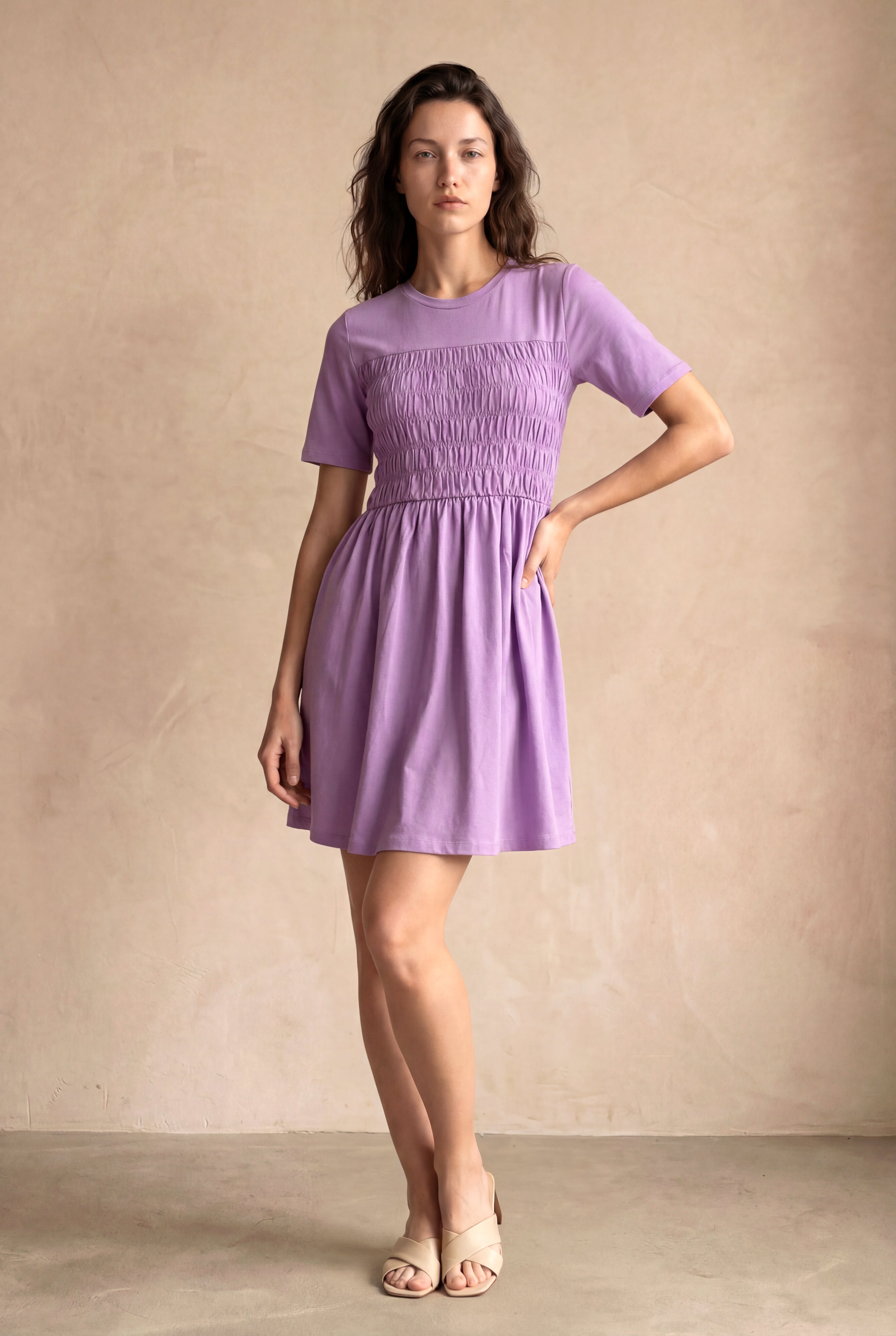 Kadın Regular Fit Bisiklet Yaka Pamuk / Elastan Kısa Kol Lilac  Elbise CLAUDIA