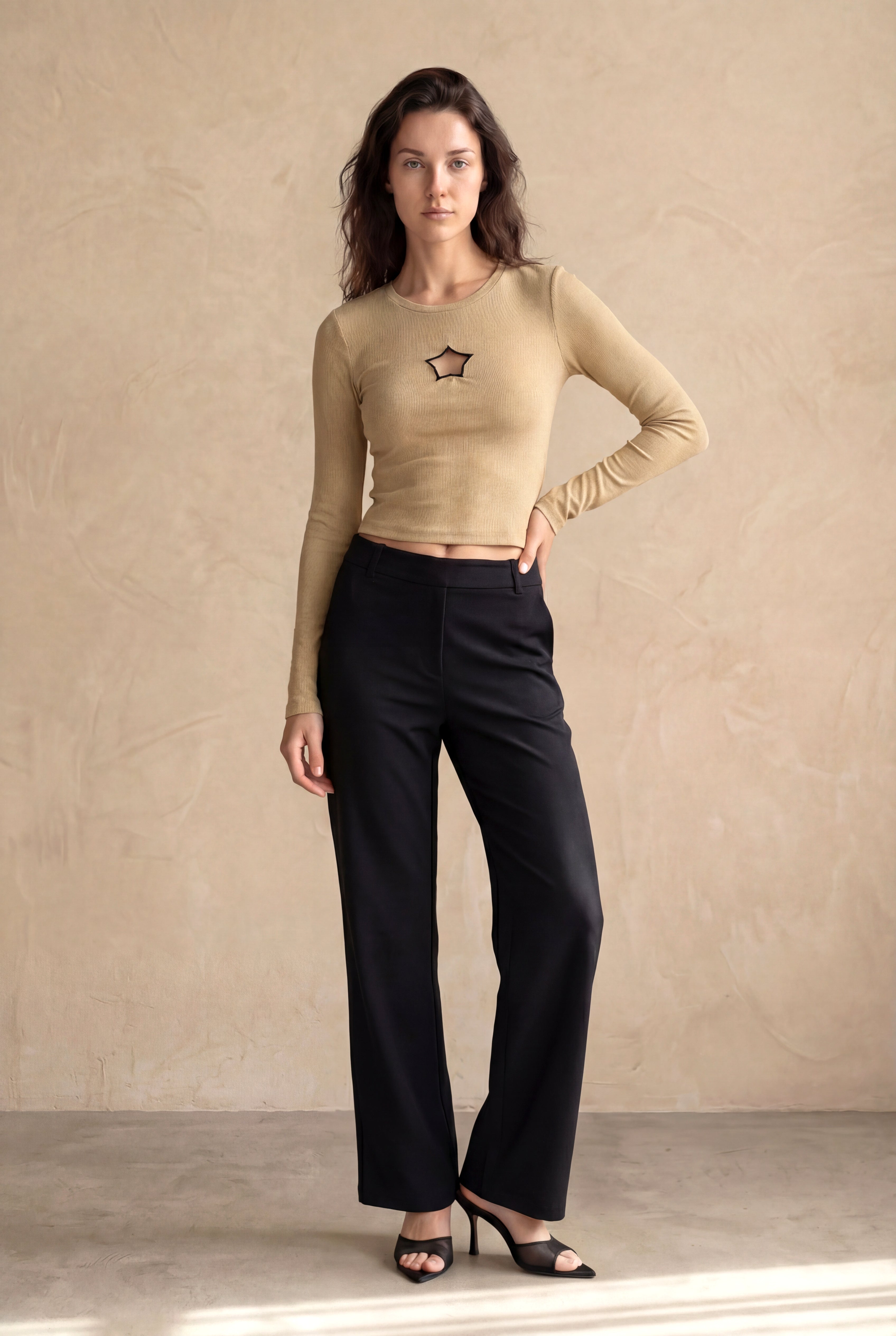 Kadın Slim Fit Bisiklet Yaka Pamuk / Elastan Uzun Kol Beige Crop Yıldız Detaylı T-Shirt SOLE