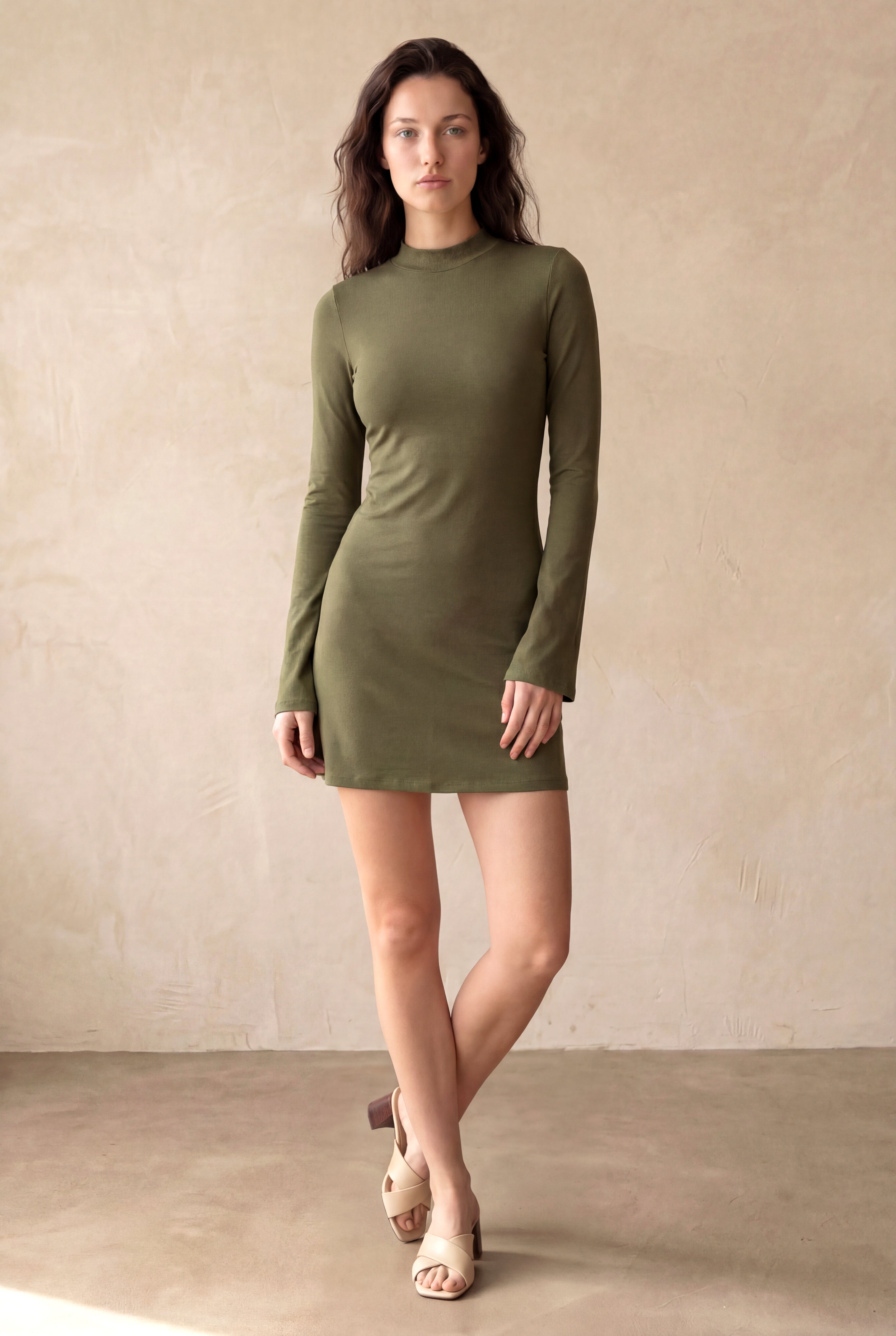 Kadın Regular Fit Dik Yaka Pamuk / Elastan Balon Kol Haki Mini Elbise DENISE - Dress - Westmark London EU(TR) Store Organik Pamuklu Sürdürülebilir Moda