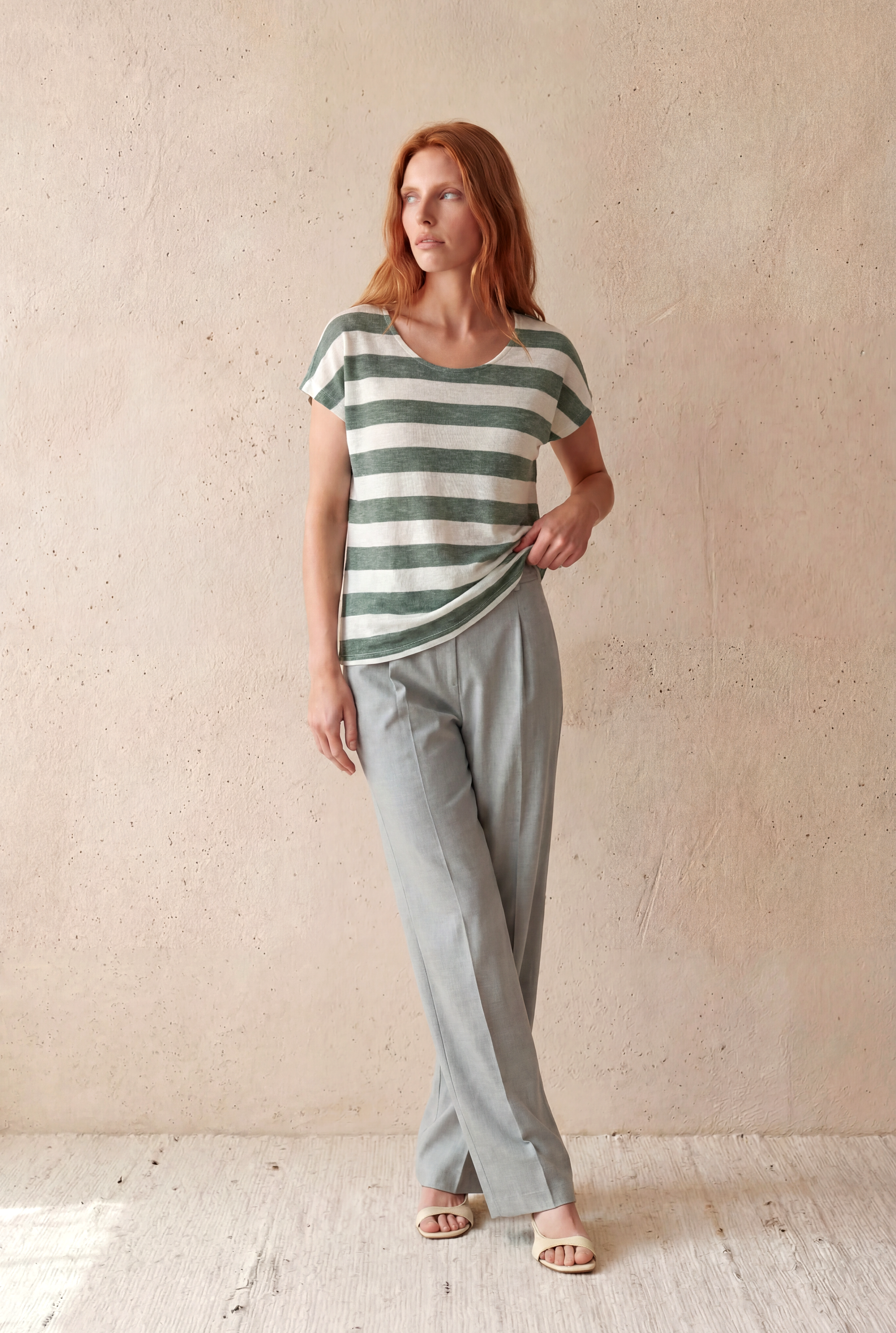 Kadın Regular Fit Bisiklet Yaka Kısa Kol Ekru / Defne Yeşili Çizgili Viskon / Elastan T-Shirt WILDA - Top - Westmark London EU(TR) Store Organik Pamuklu Sürdürülebilir Moda