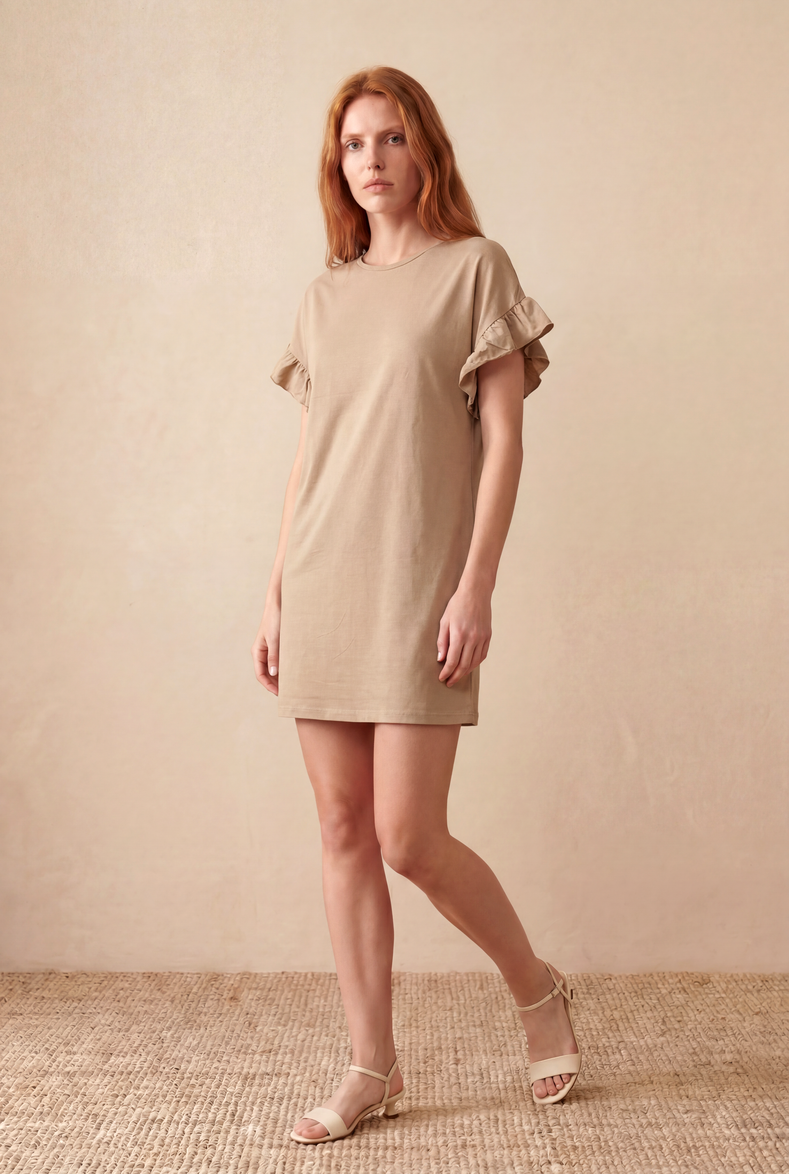 Kadın Rahat Kesim Bisiklet Yaka Fırfır Detaylı Kısa Kollu Bej Modal / Pamuk / Elastan Karışımlı Mini Elbise PAULA - Dress - Westmark London EU(TR) Store Organik Pamuklu Sürdürülebilir Moda