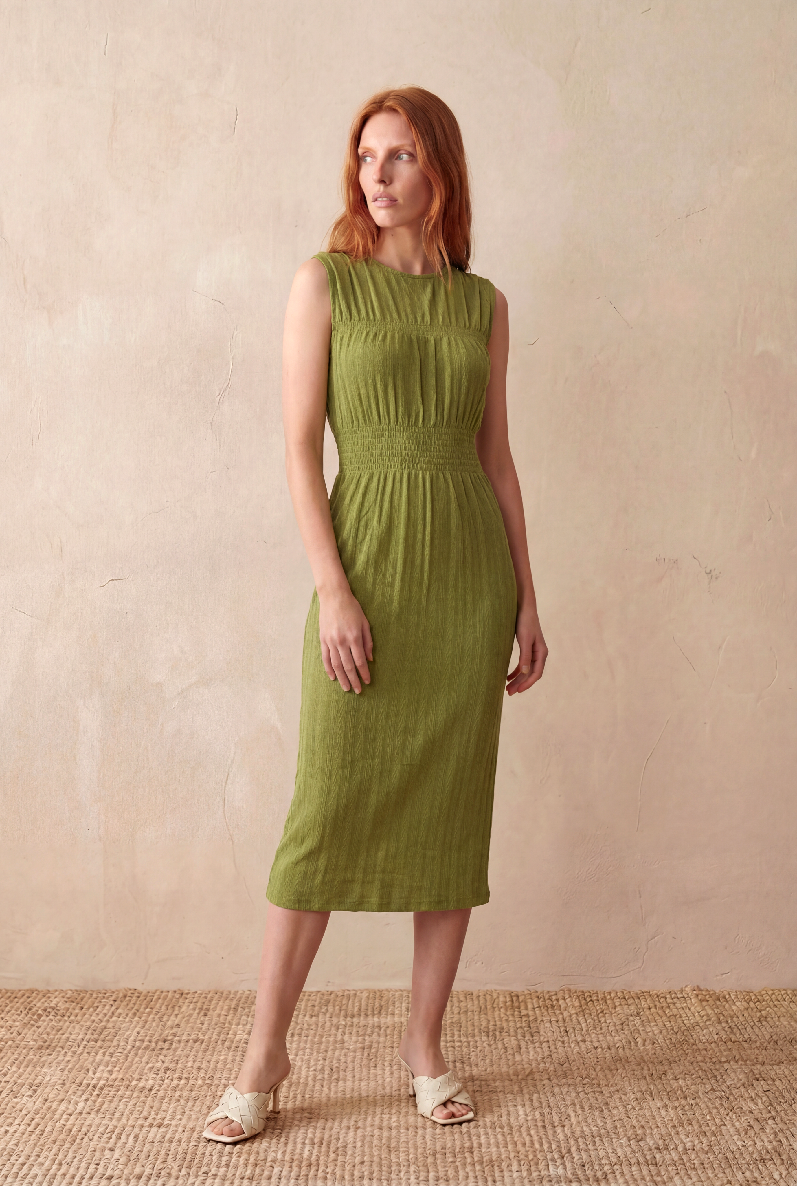 Kadın Regular Fit Bisiklet Yaka Kısa Kollu Yeşil Dokulu Pamuk Midi Elbise MARA - Dress - Westmark London EU(TR) Store Organik Pamuklu Sürdürülebilir Moda