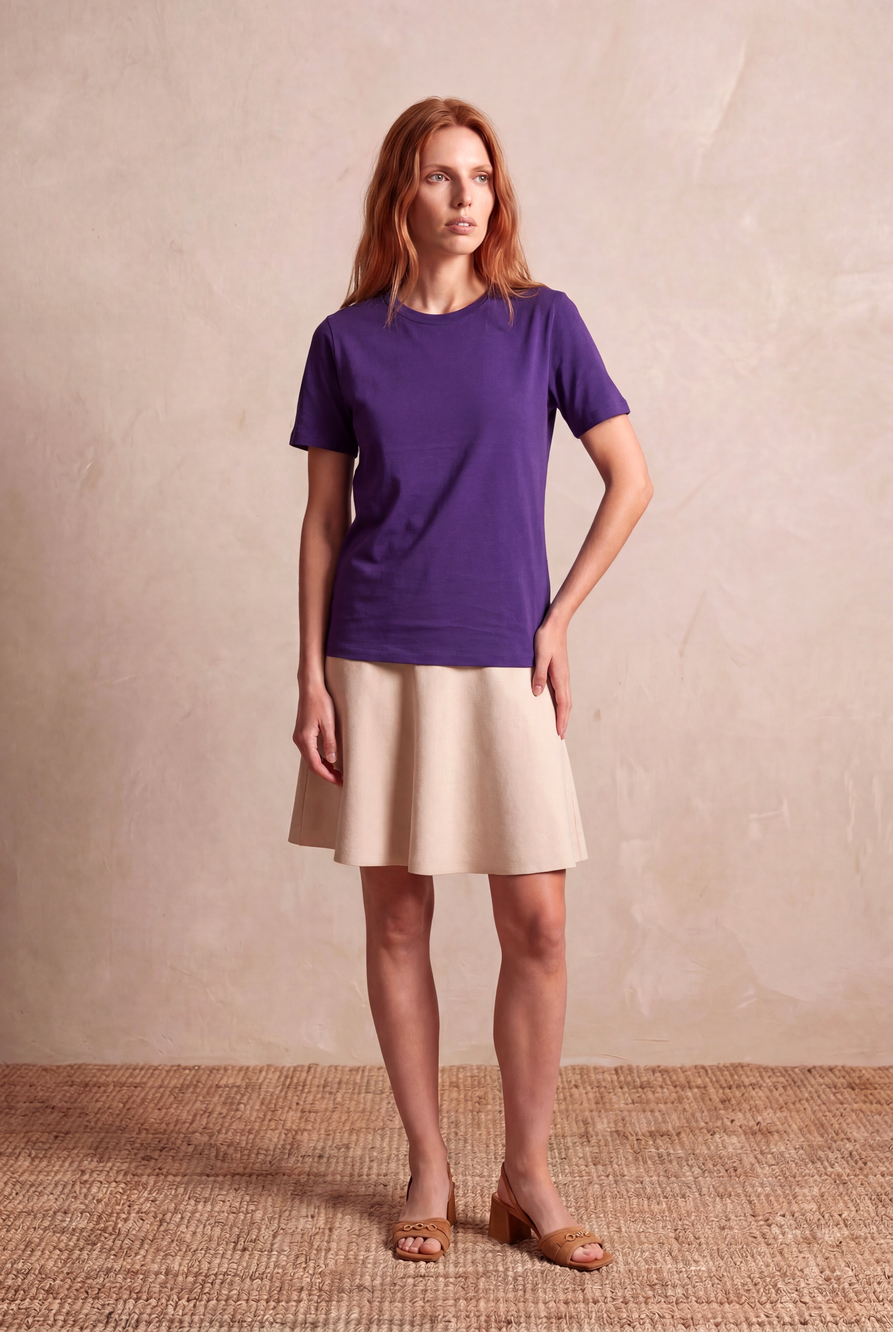 Kadın Mor %100 Pamuk Regular Fit Bisiklet Yaka Kısa Kollu Basic T-Shirt TONINA