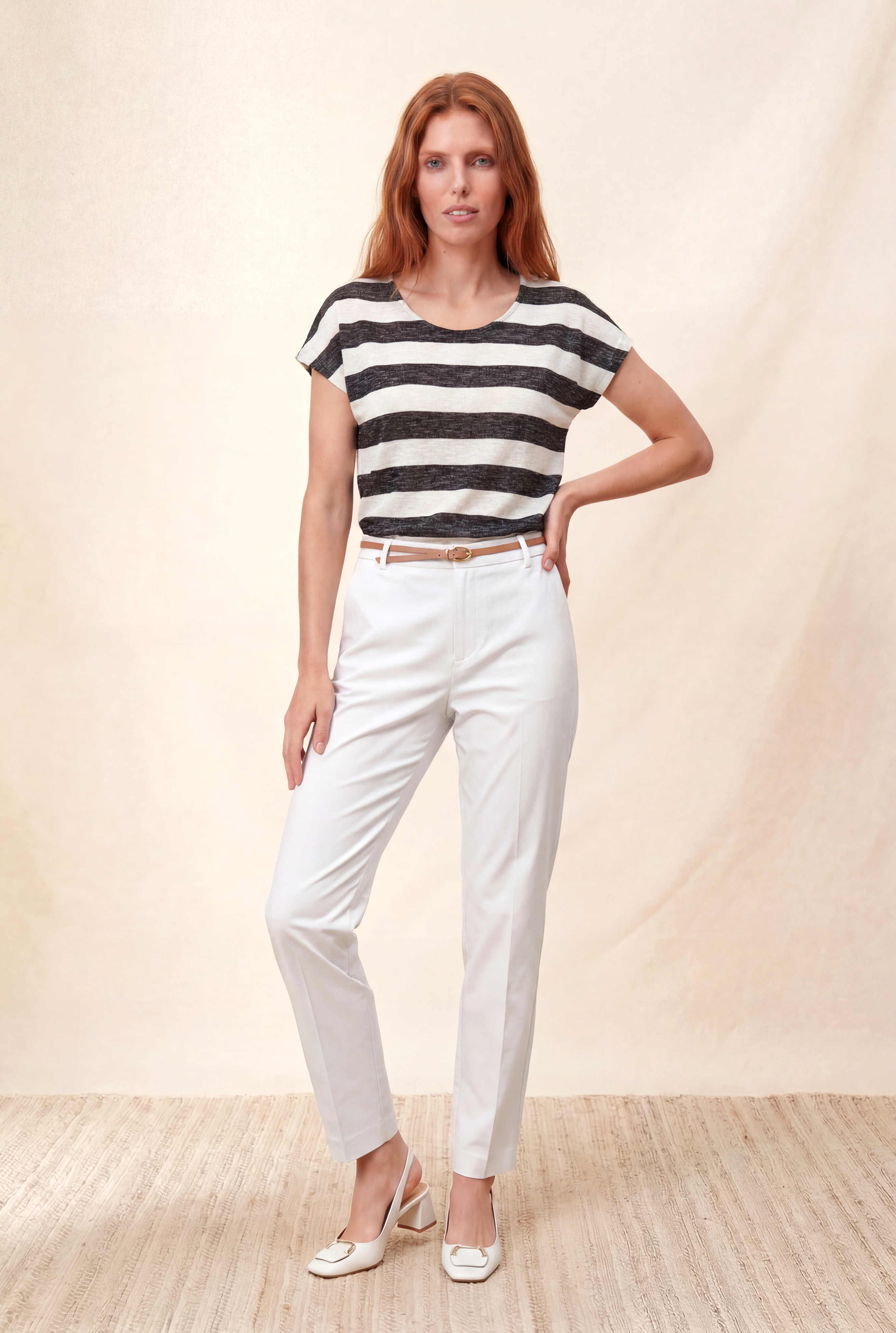Kadın Regular Fit Bisiklet Yaka Kısa Kol Ekru / Siyah Çizgili Viskon / Elastan T-Shirt WILDA - Top - Westmark London EU(TR) Store Organik Pamuklu Sürdürülebilir Moda
