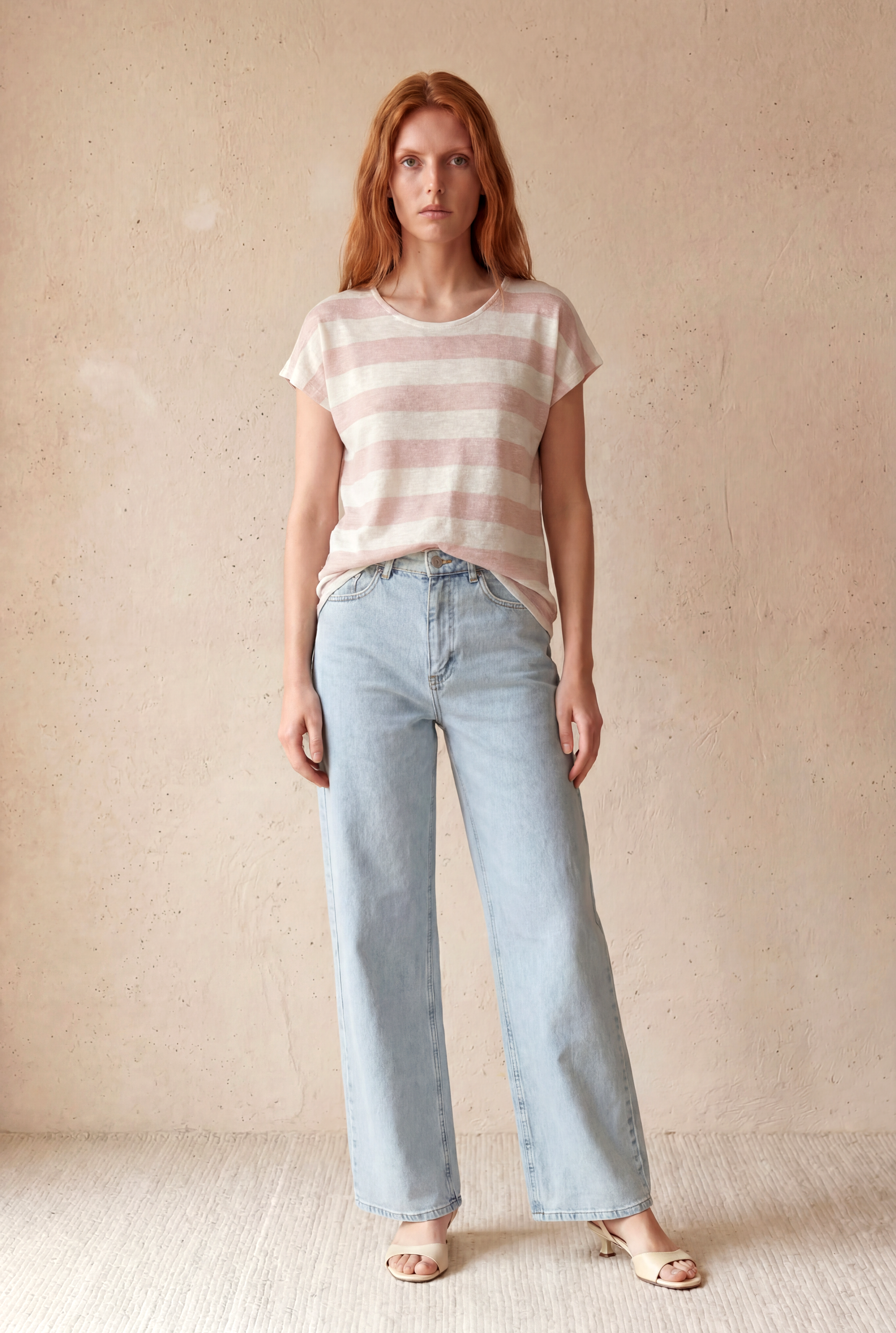 Kadın Regular Fit Bisiklet Yaka Kısa Kol Ekru / Somon Çizgili Viskon / Elastan T-Shirt WILDA - Top - Westmark London EU(TR) Store Organik Pamuklu Sürdürülebilir Moda