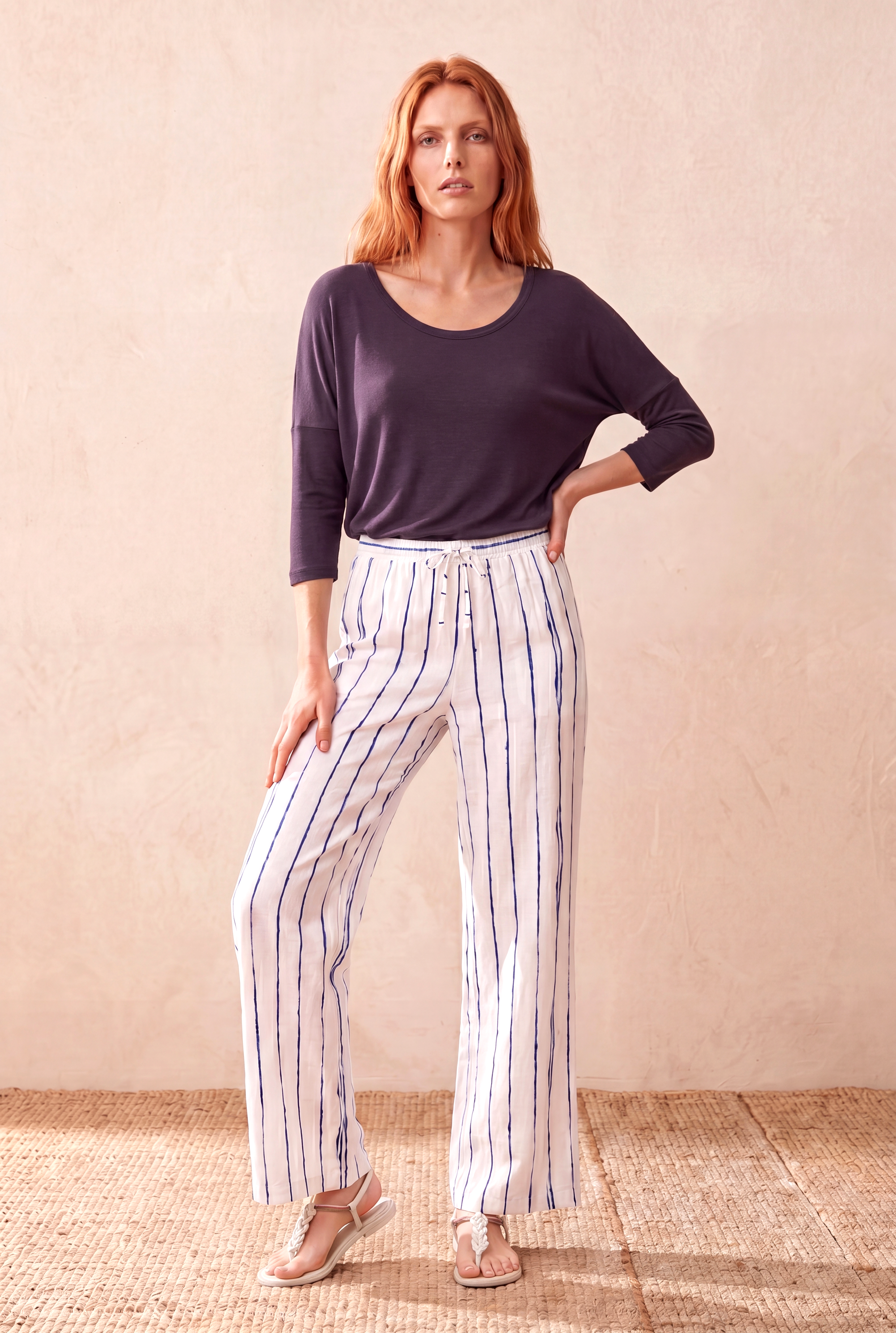 Kadın Mor Viskon Relaxed Fit Bisiklet Yaka 3/4 Kol Düşük Omuz Bluz LIA