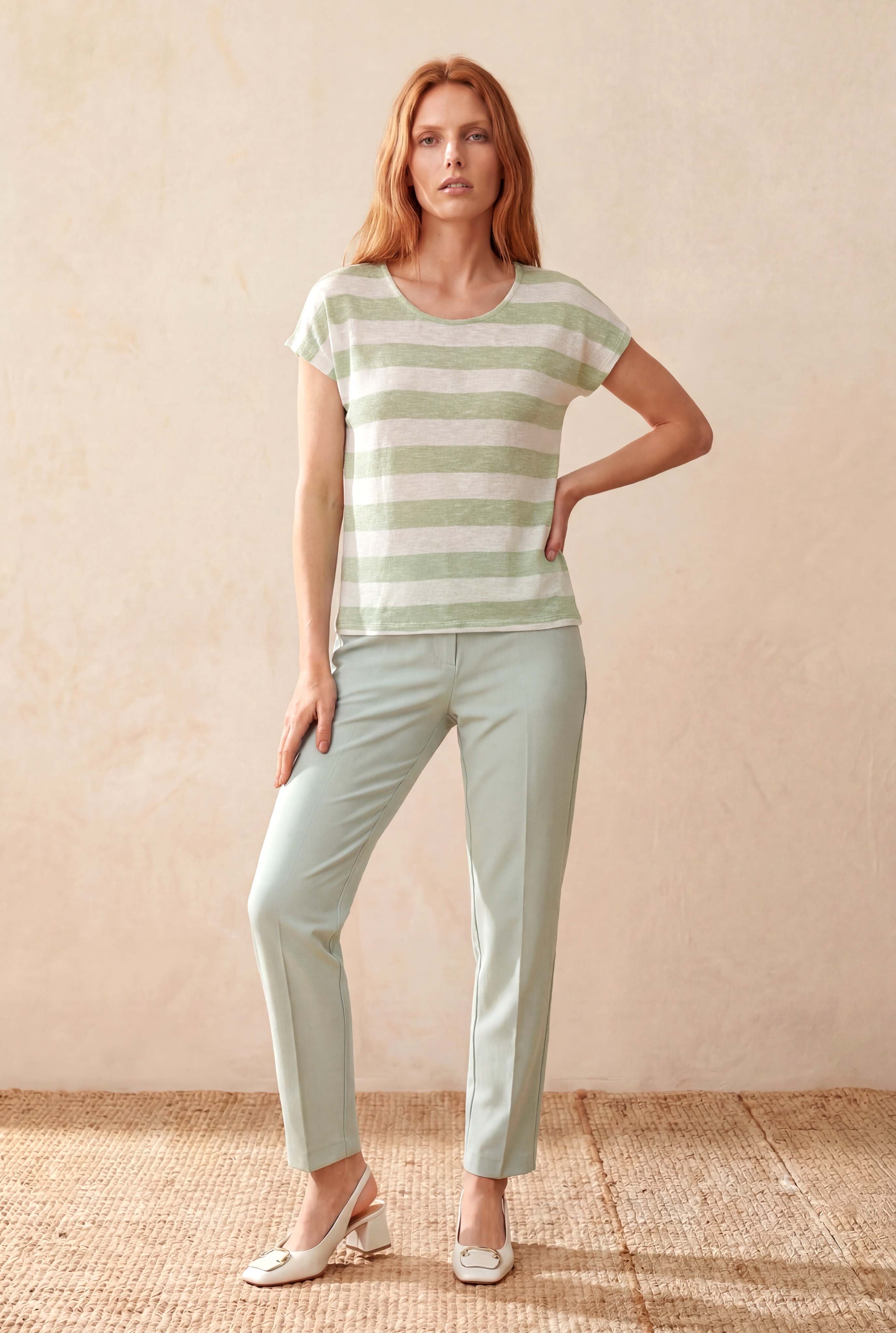 Kadın Regular Fit Bisiklet Yaka Kısa Kol Ekru / Light Yeşil Çizgili Viskon / Elastan T-Shirt WILDA - Top - Westmark London EU(TR) Store Organik Pamuklu Sürdürülebilir Moda