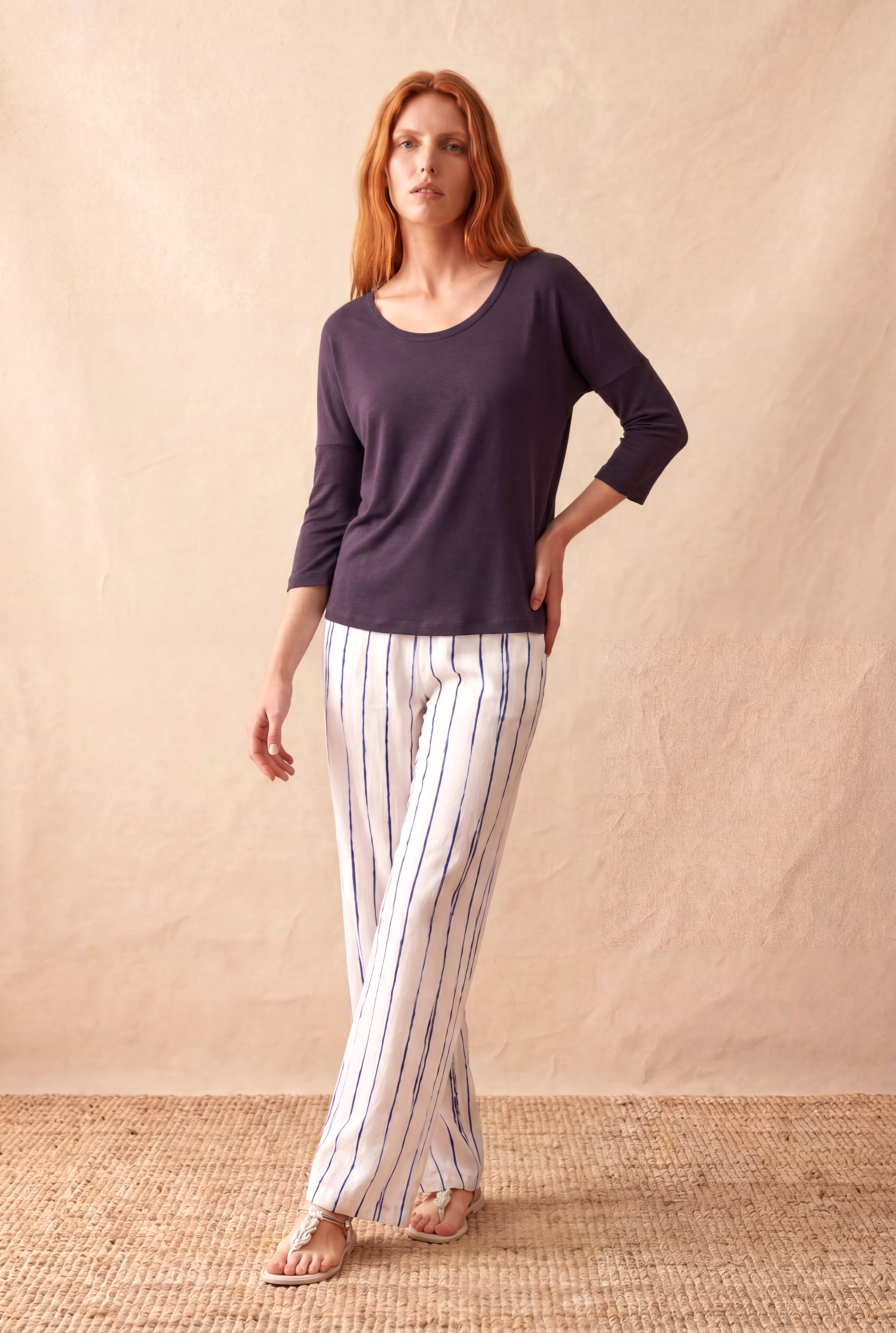 Kadın Mor Viskon Relaxed Fit Bisiklet Yaka 3/4 Kol Düşük Omuz Bluz LIA