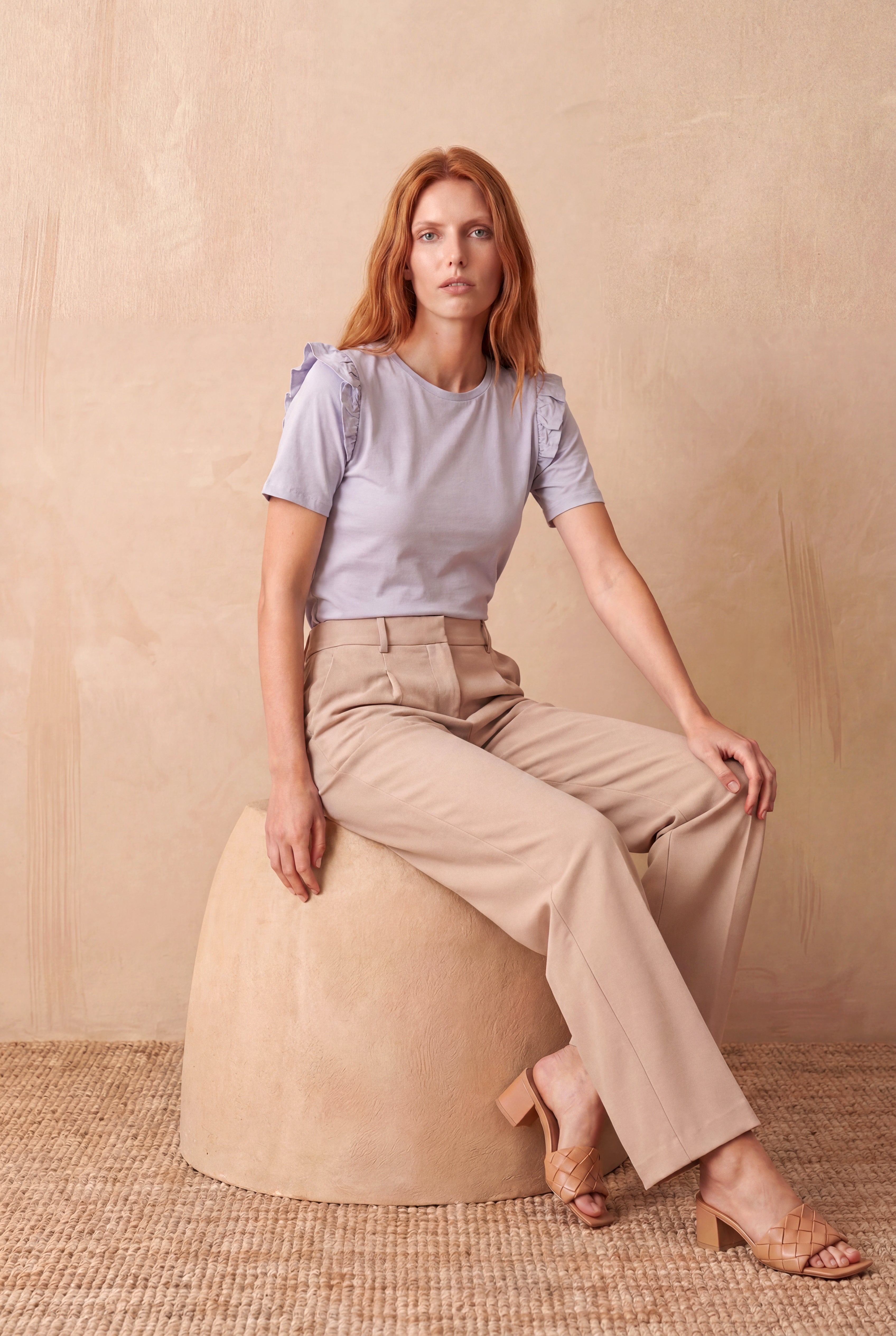 Kadın Lila %100 Pamuk Regular Fit Bisiklet Yaka Kısa Kollu Fırfır Omuz Detaylı T-Shirt TERESA