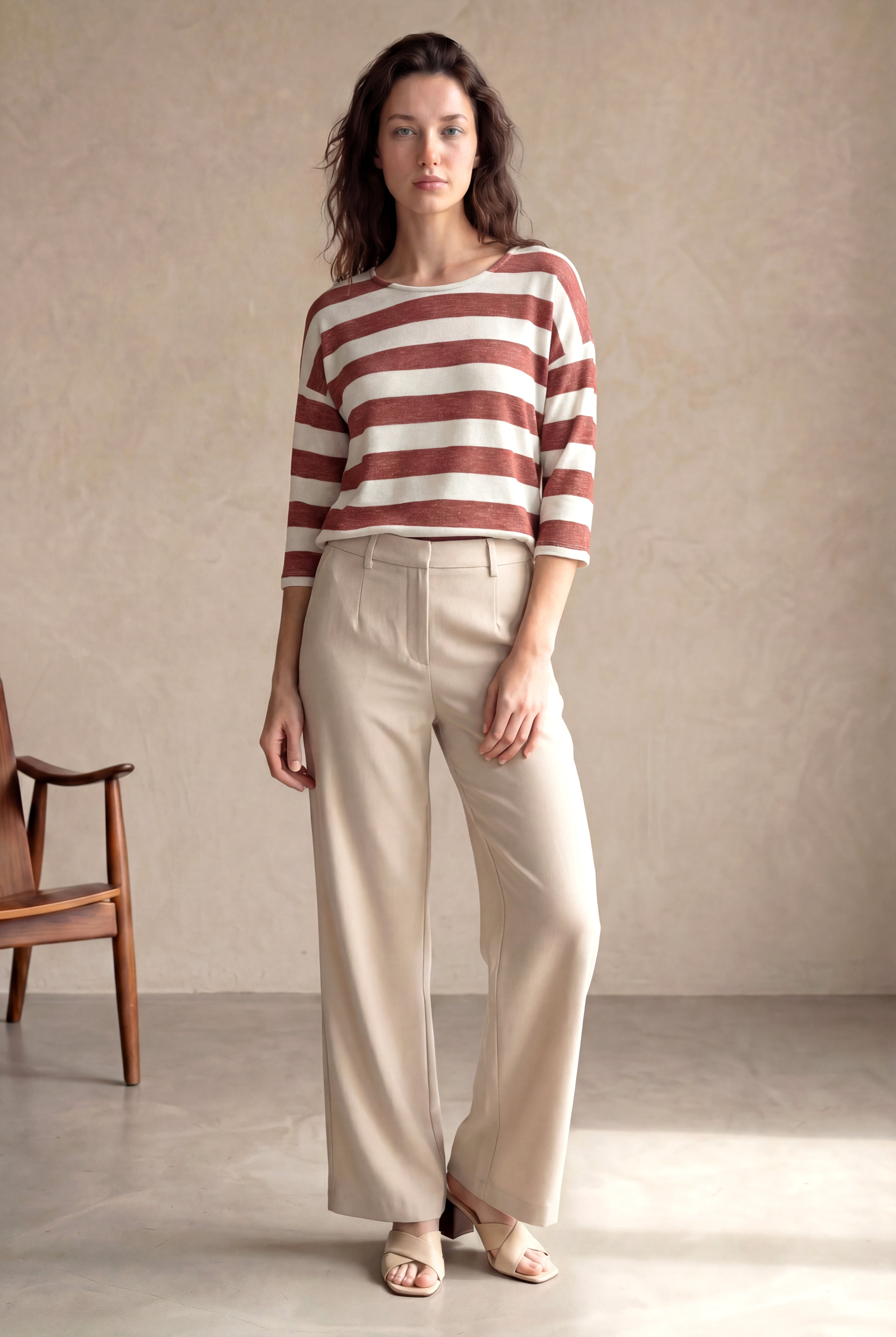 Kadın Relaxed Fit Bisiklet Yaka  Viskon / Elastan Uzun Kol Kahverengi / Ekru Çizgili Düşük Omuz Bluz WILDA